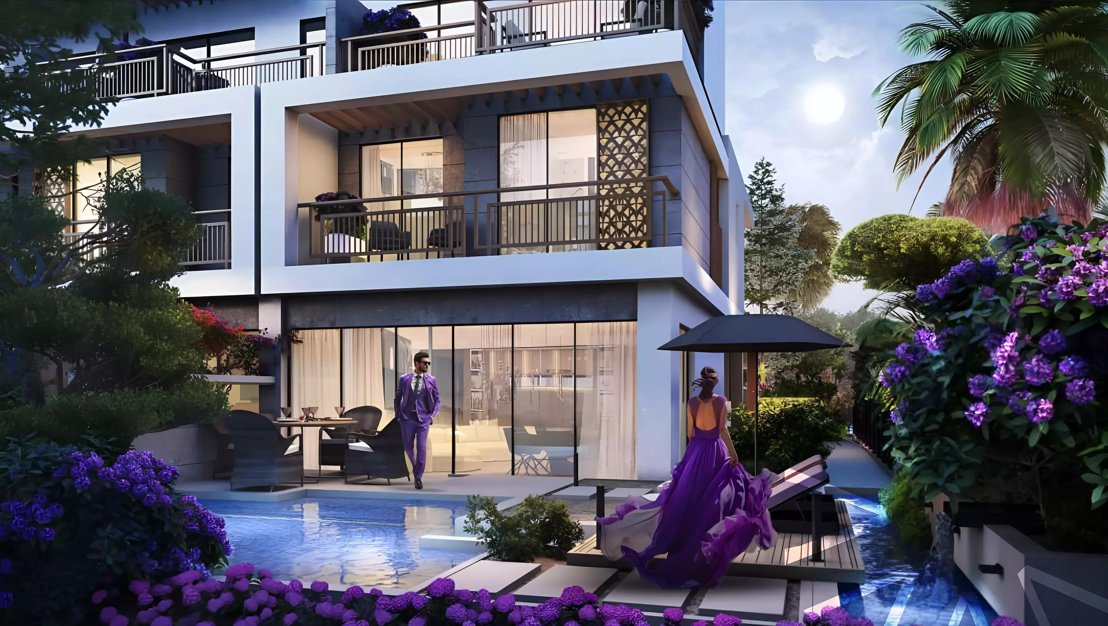 Violet townhouse exterior with landscaped frontage, DAMAC Hills, Dubai