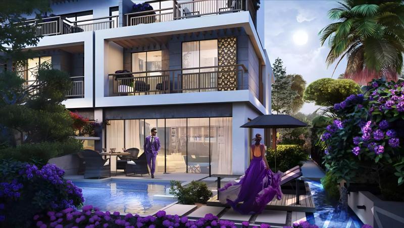 Violet townhouse exterior with landscaped frontage, DAMAC Hills, Dubai