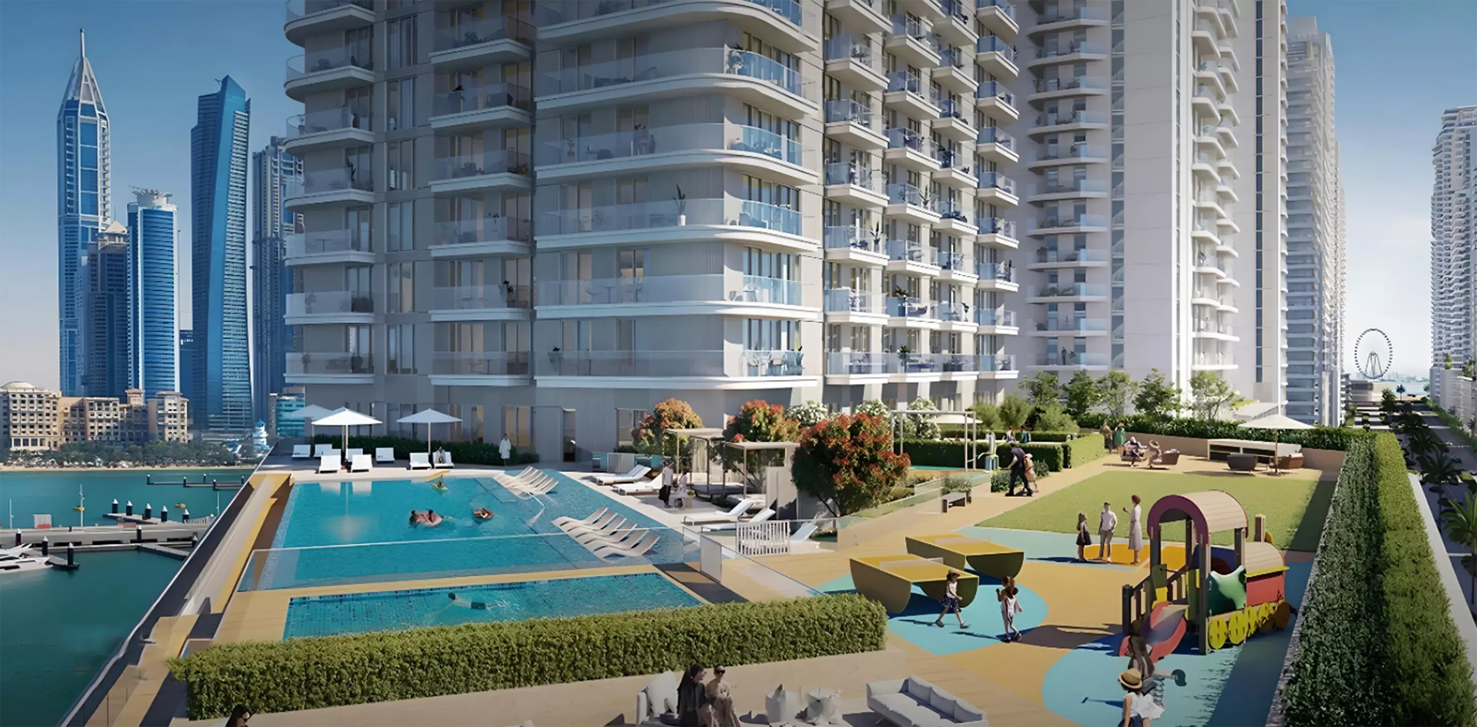 Emaar Beachgate apartment interior living area with waterfront view, Dubai Harbour