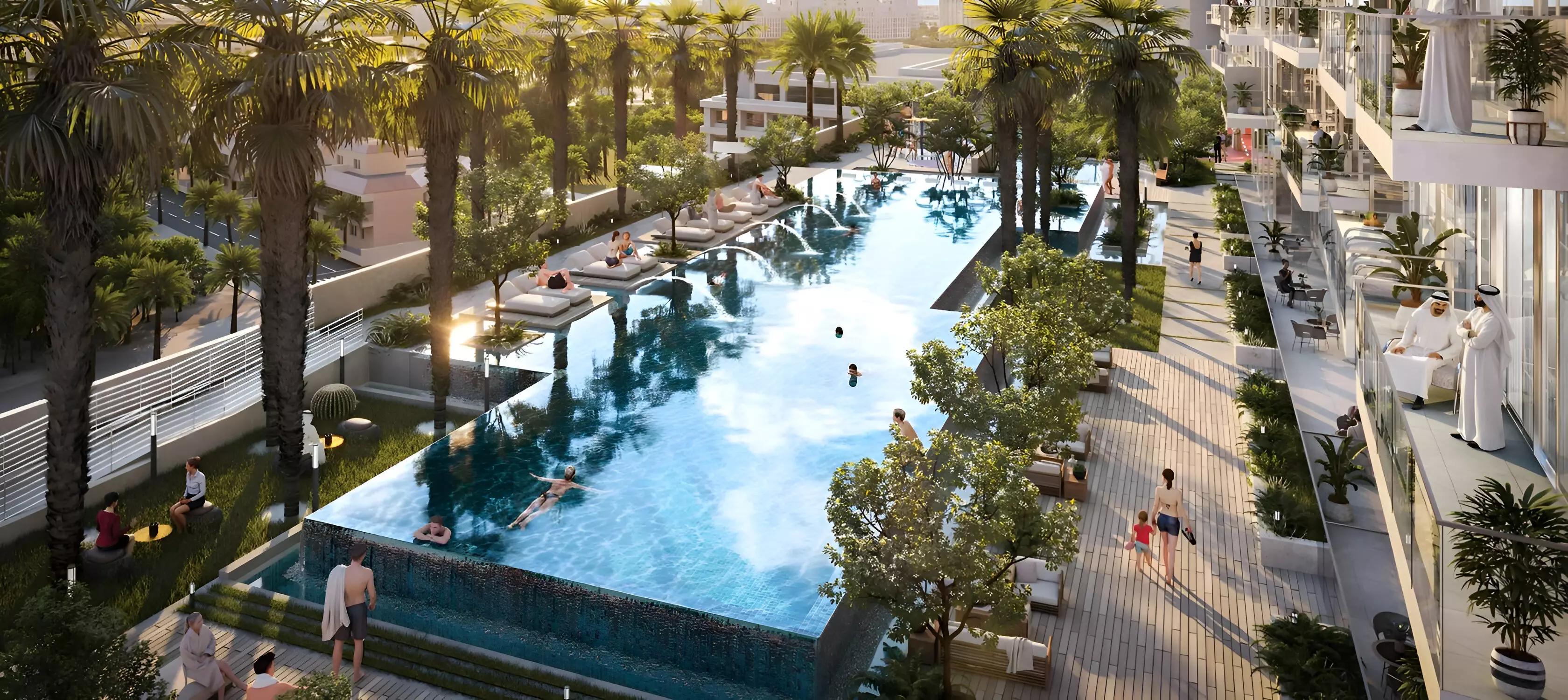 One Park Central residential tower street-level view, Jumeirah Village Circle, Dubai
