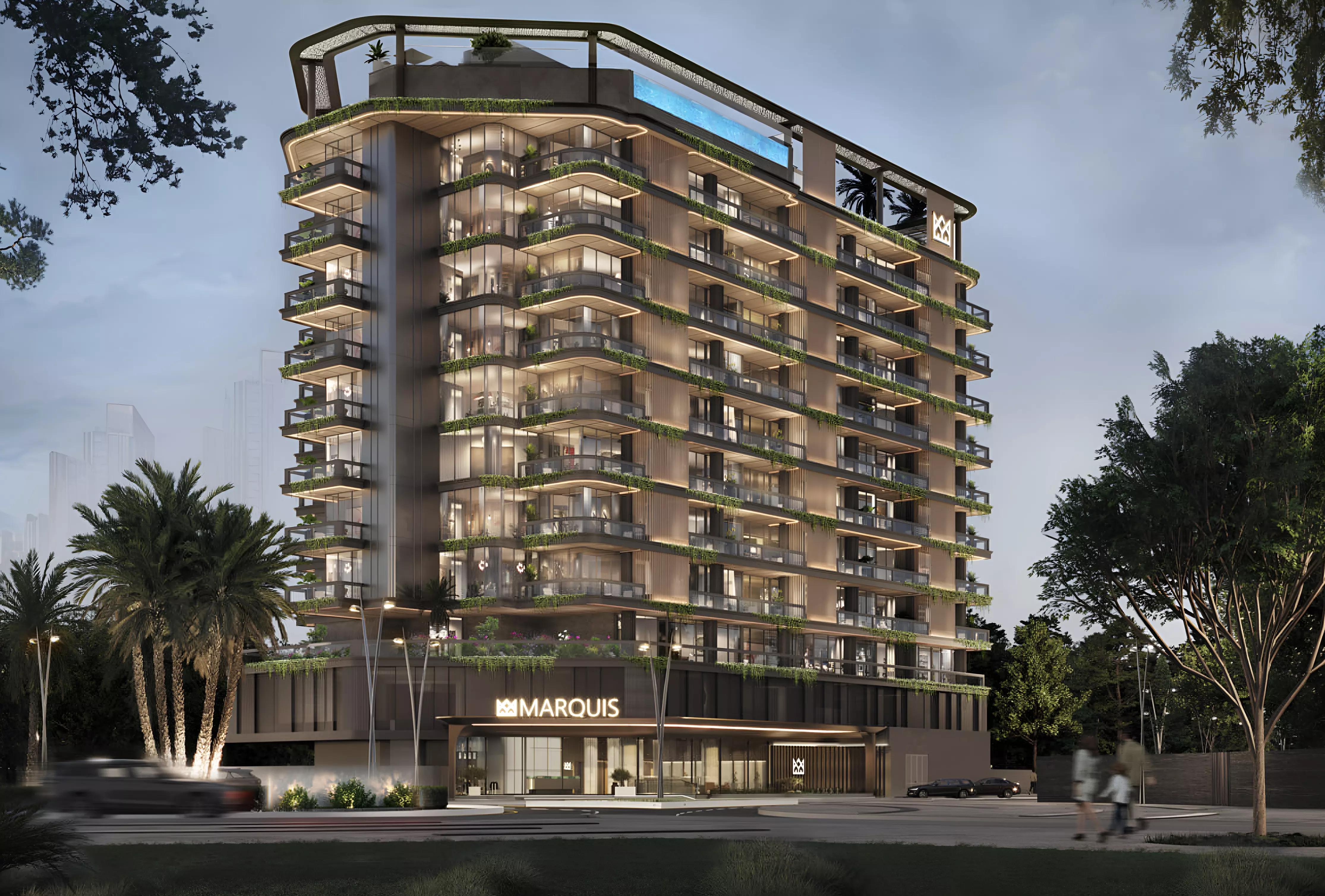 Marquis Vista landscaped garden and outdoor amenity area, Dubai Land Residence Complex
