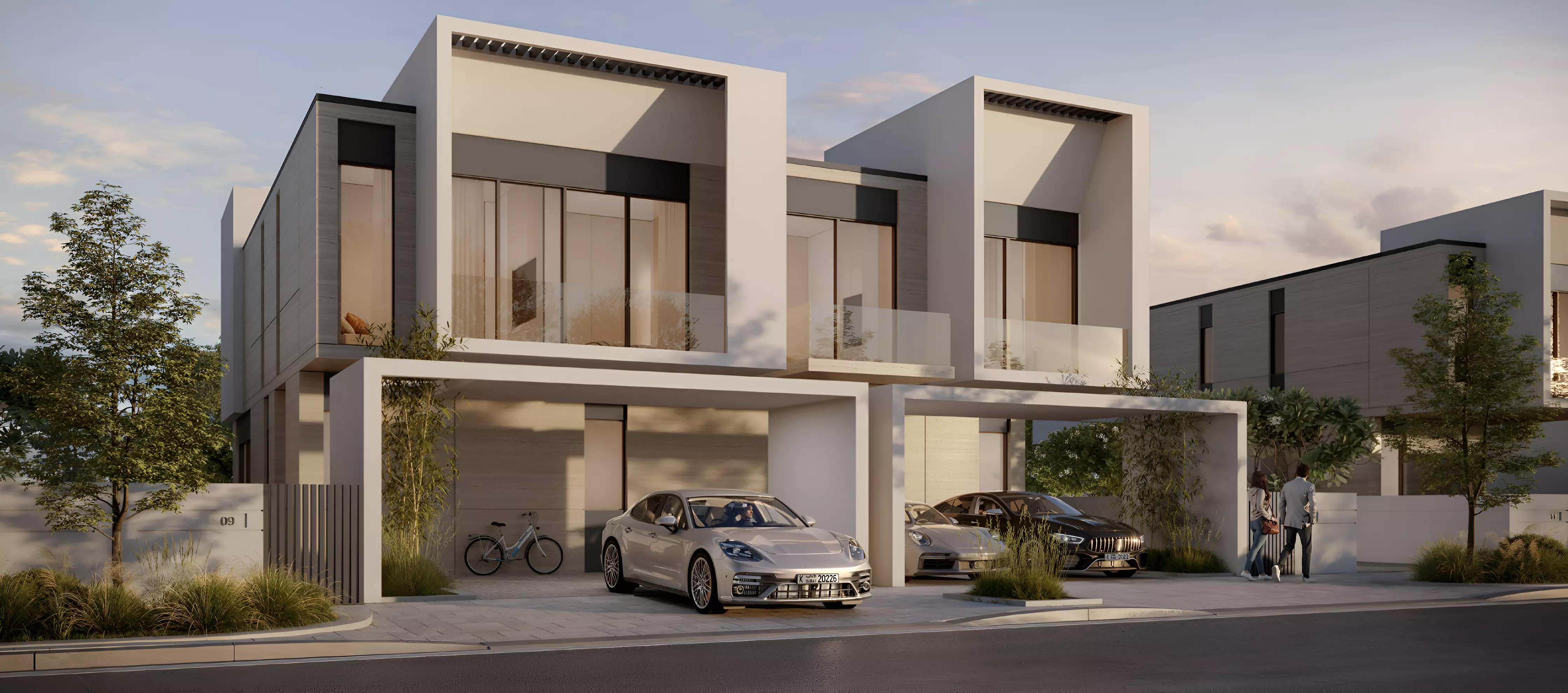D Villas street-facing villa elevation, Jumeirah Golf Estates, Dubai