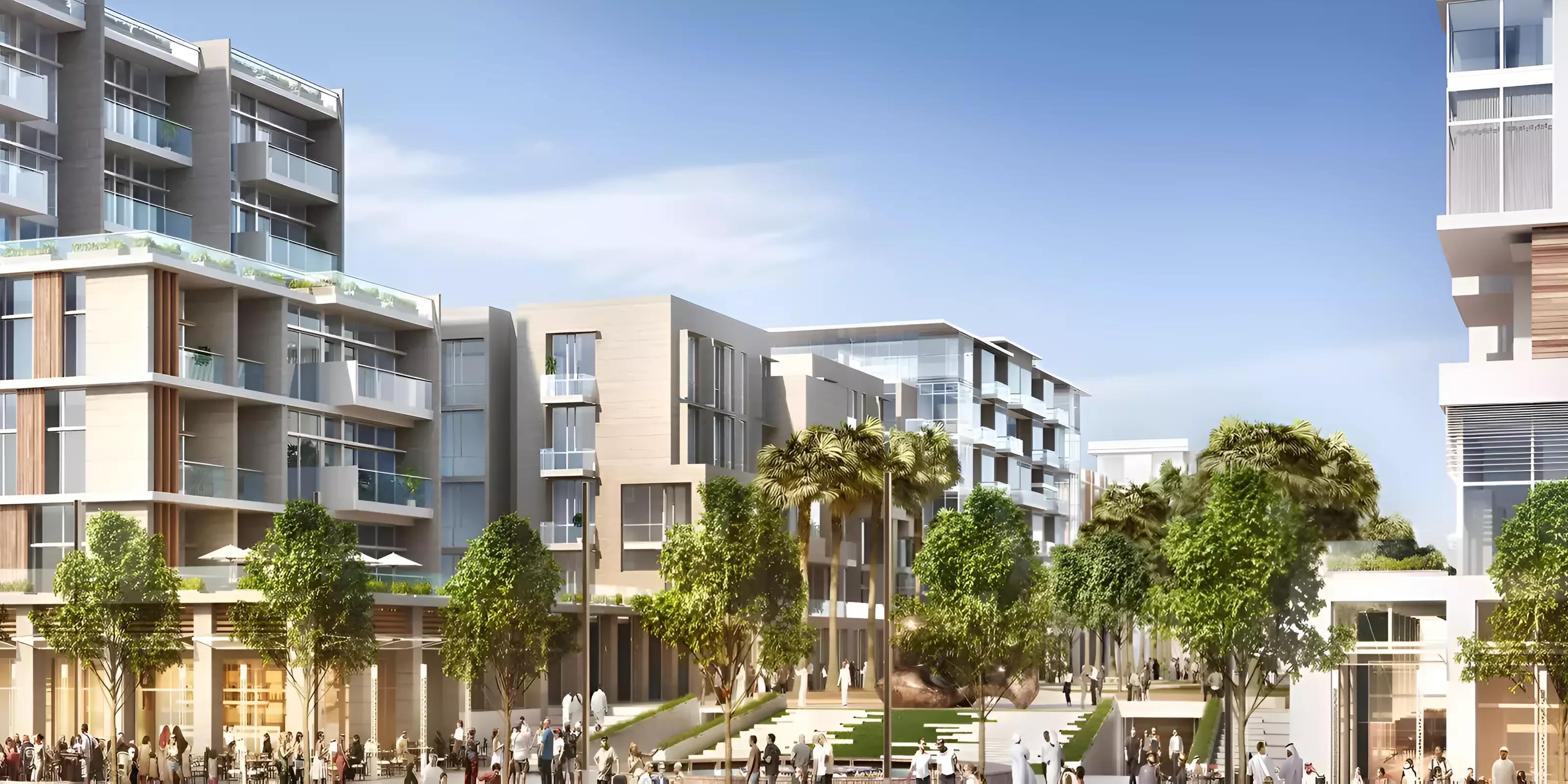 Azizi Riviera 31 building elevation and canal-facing frontage, Meydan