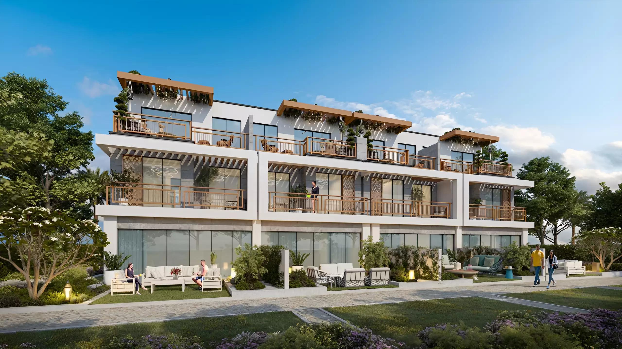 Violet townhouse row and community street, DAMAC Hills, Dubai