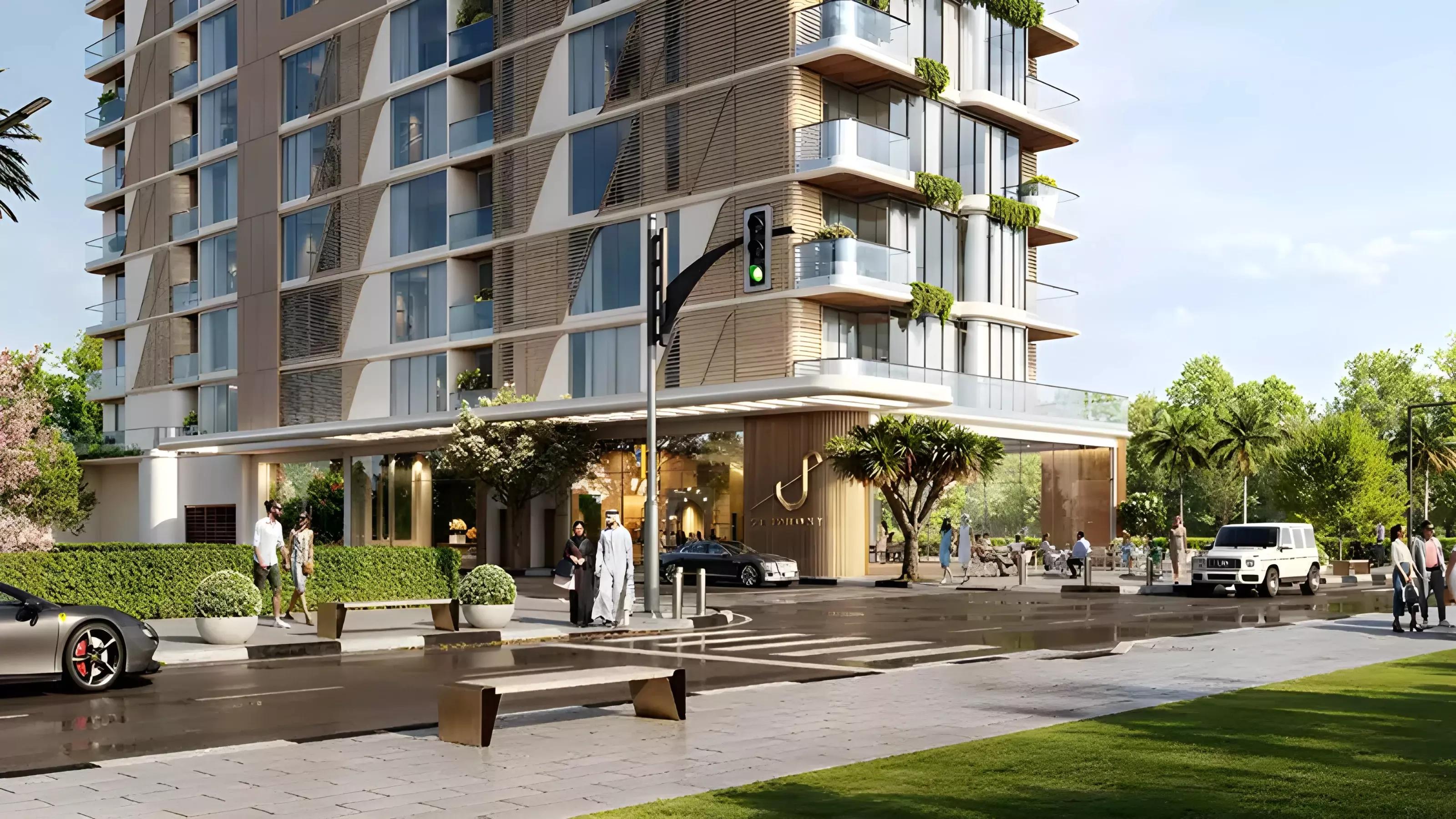 Symphony by Chaimaa building elevation with landscaped surroundings, Majan
