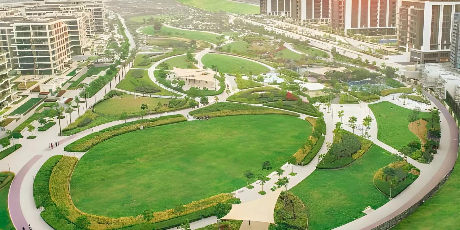 Elvira residential tower elevation with landscaped surroundings, Dubai Hills Estate