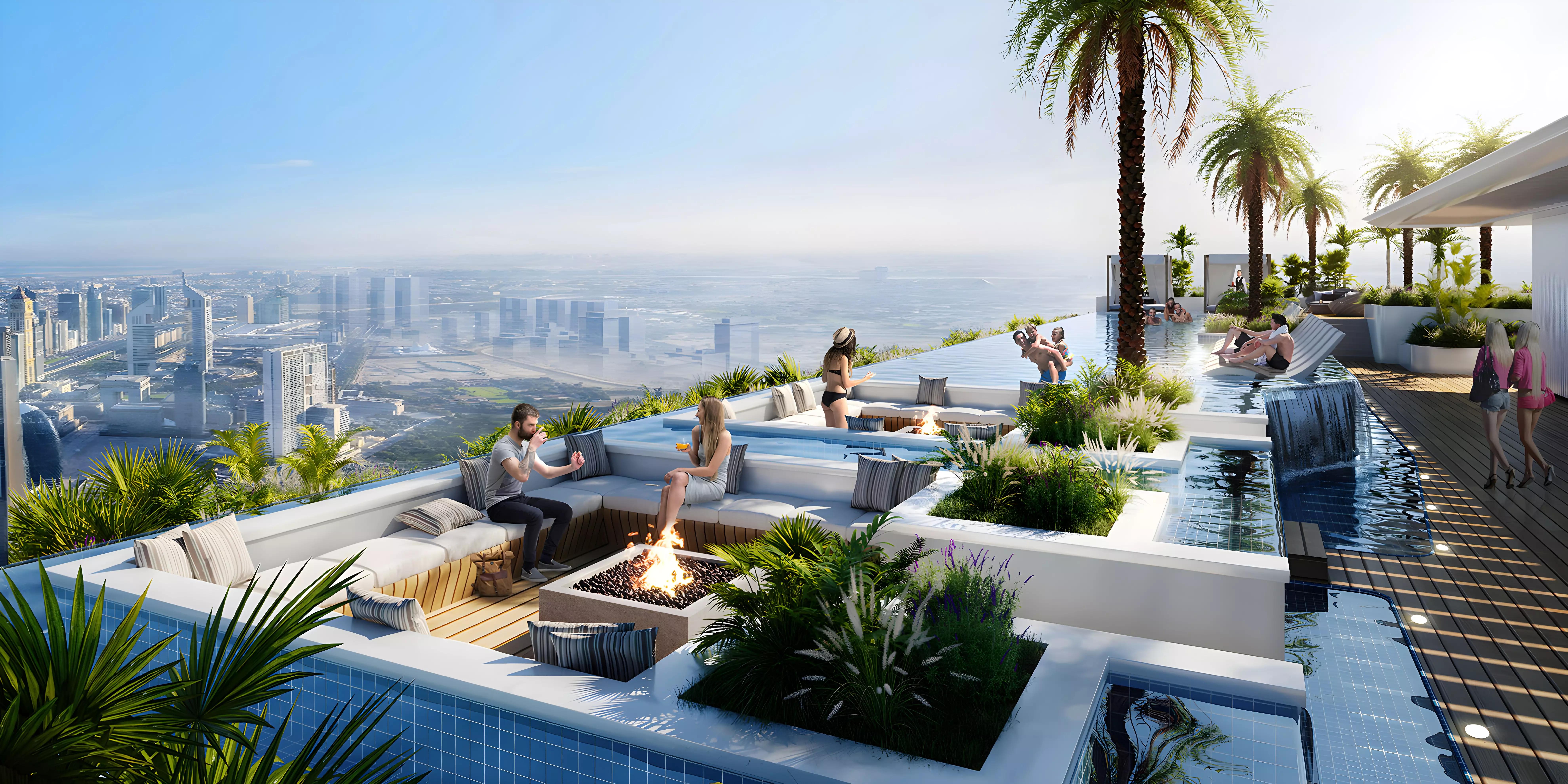 Cove Living Residence amenity deck and landscaped area, Dubai Land