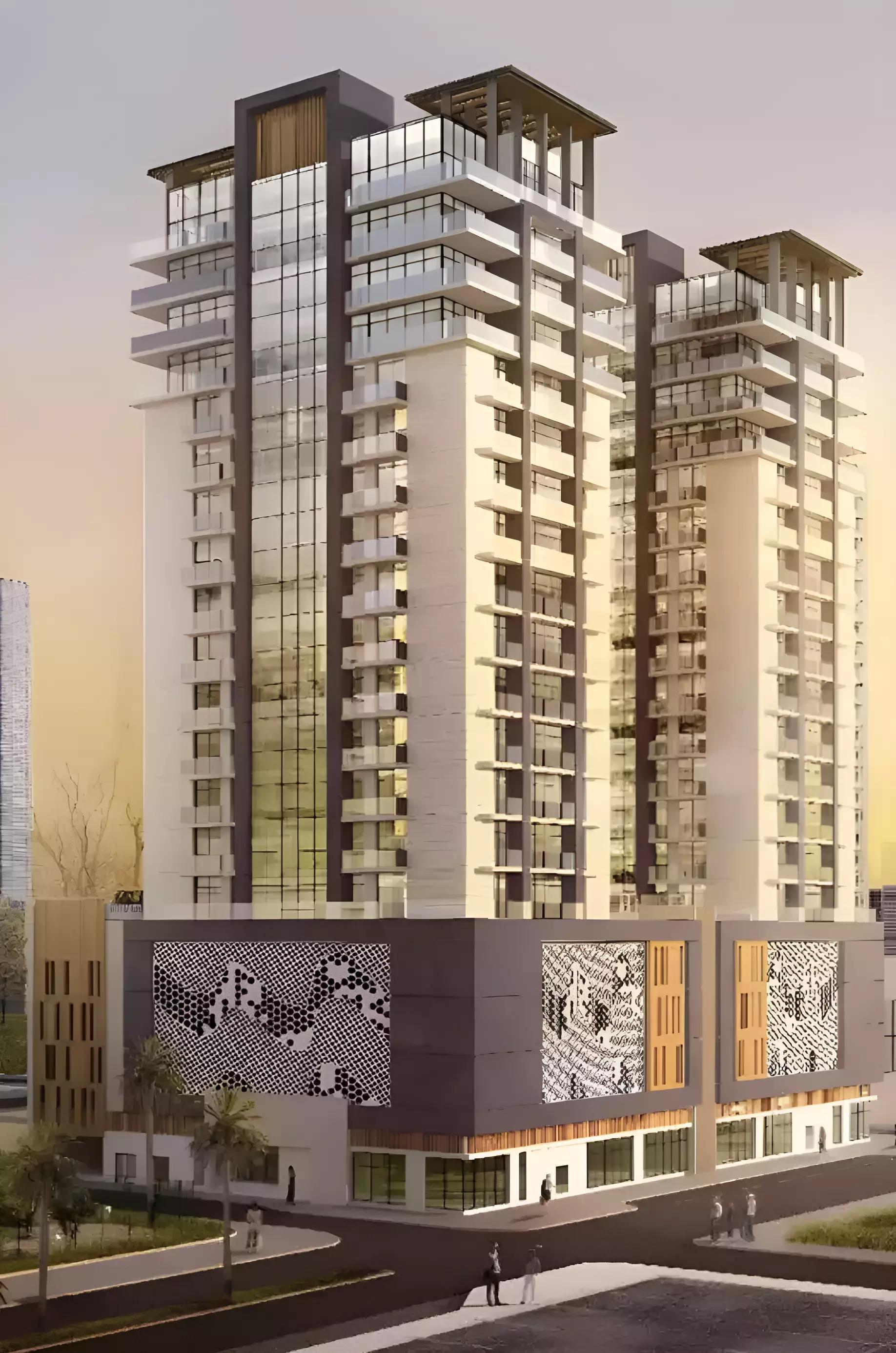 7 Park Central facade and entrance view, Jumeirah Village Circle