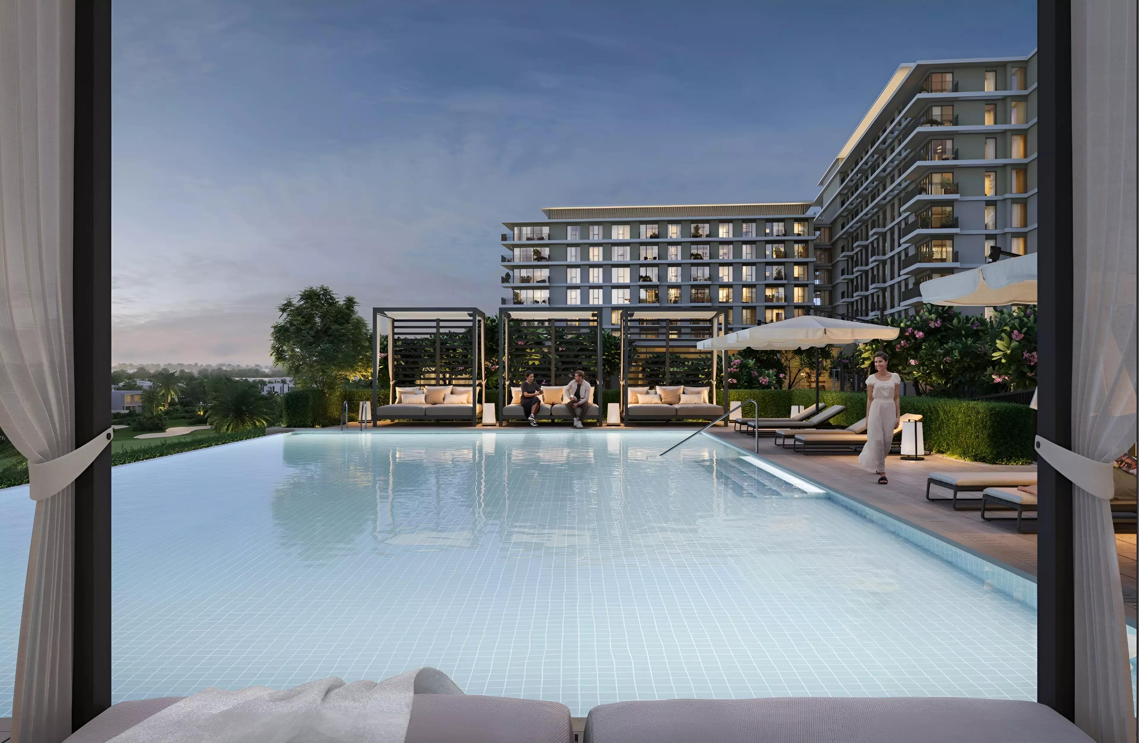 Golf Hills apartment building overlooking landscaped fairways, Emaar South