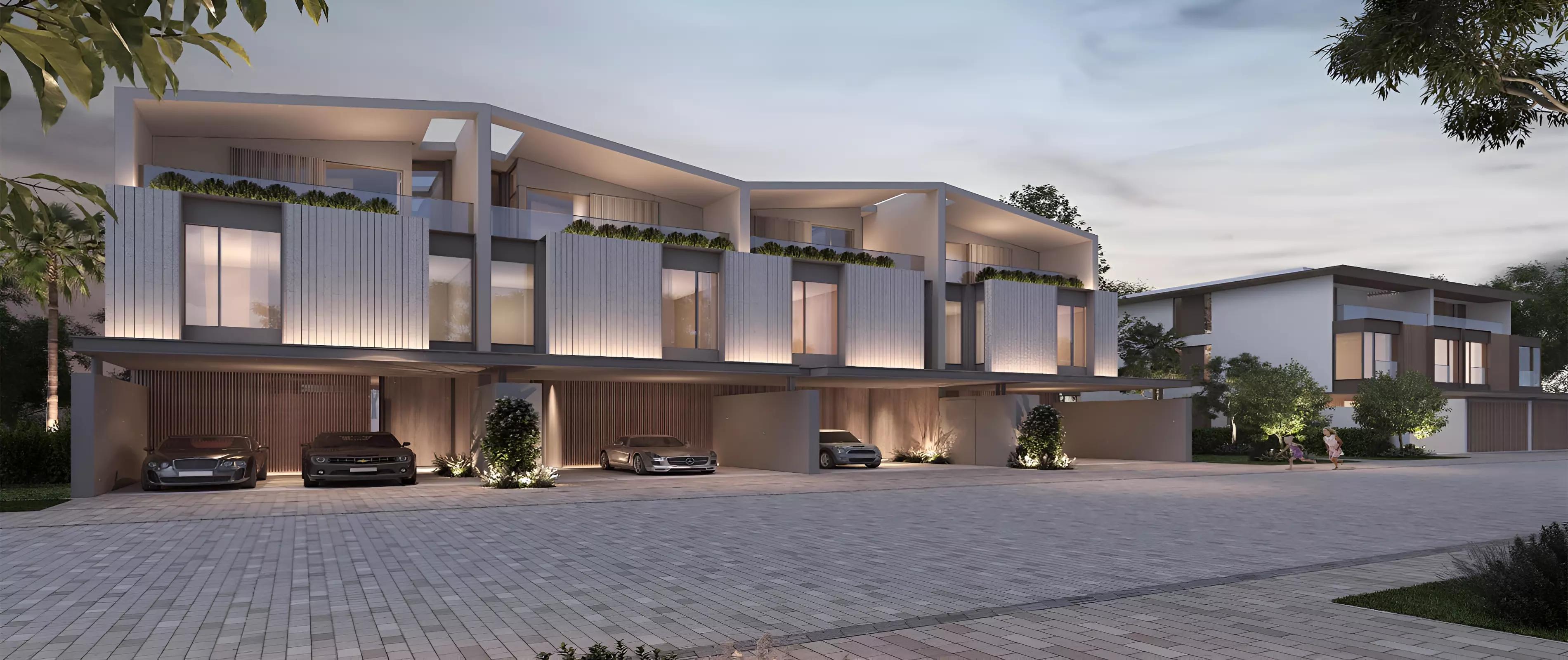 Townhouse row at Nad Al Sheba Gardens Phase 2 with paved driveway, Dubai