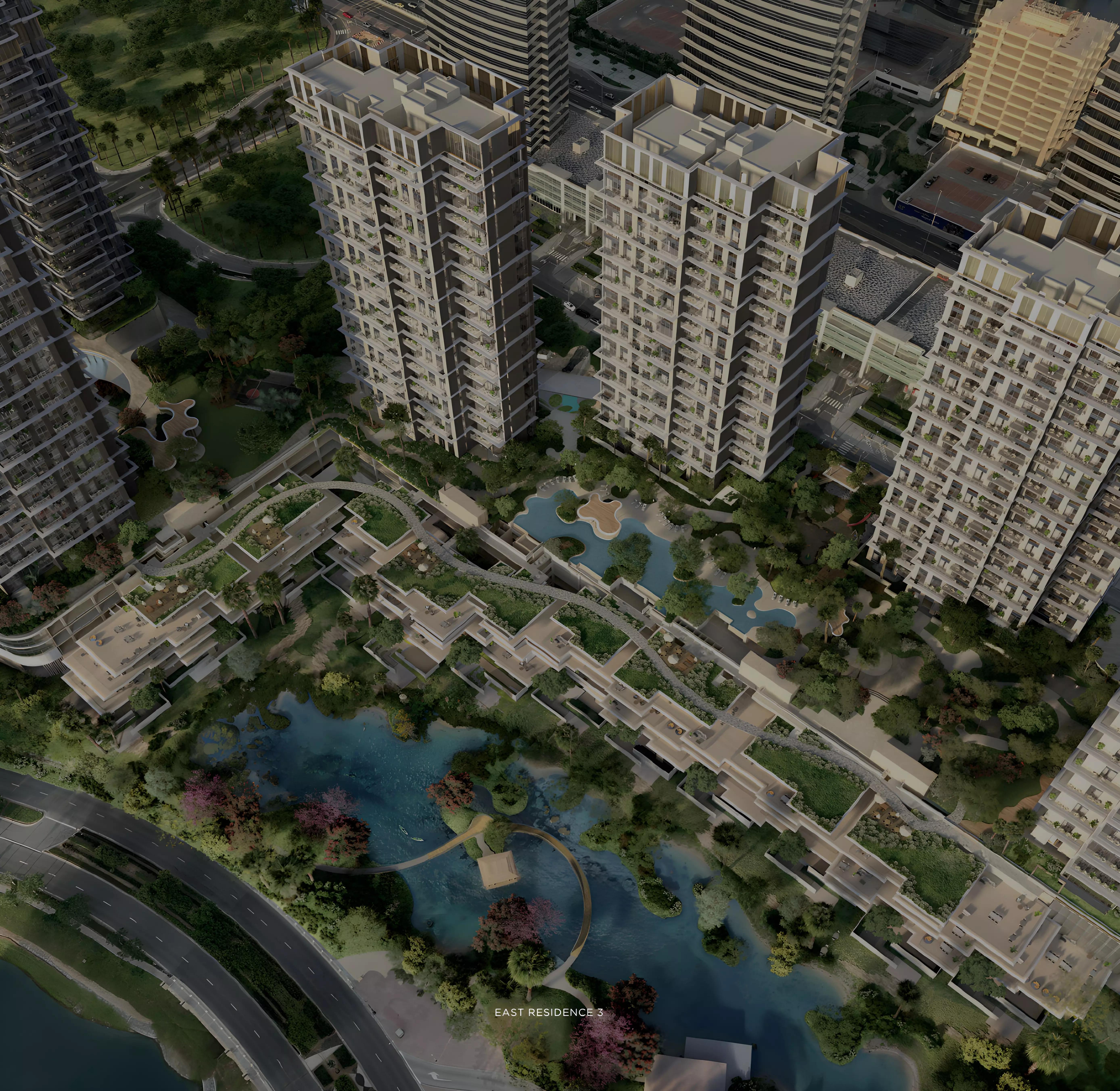 Landscaped gardens and amenity deck at East Residence 3, Jumeirah Islands