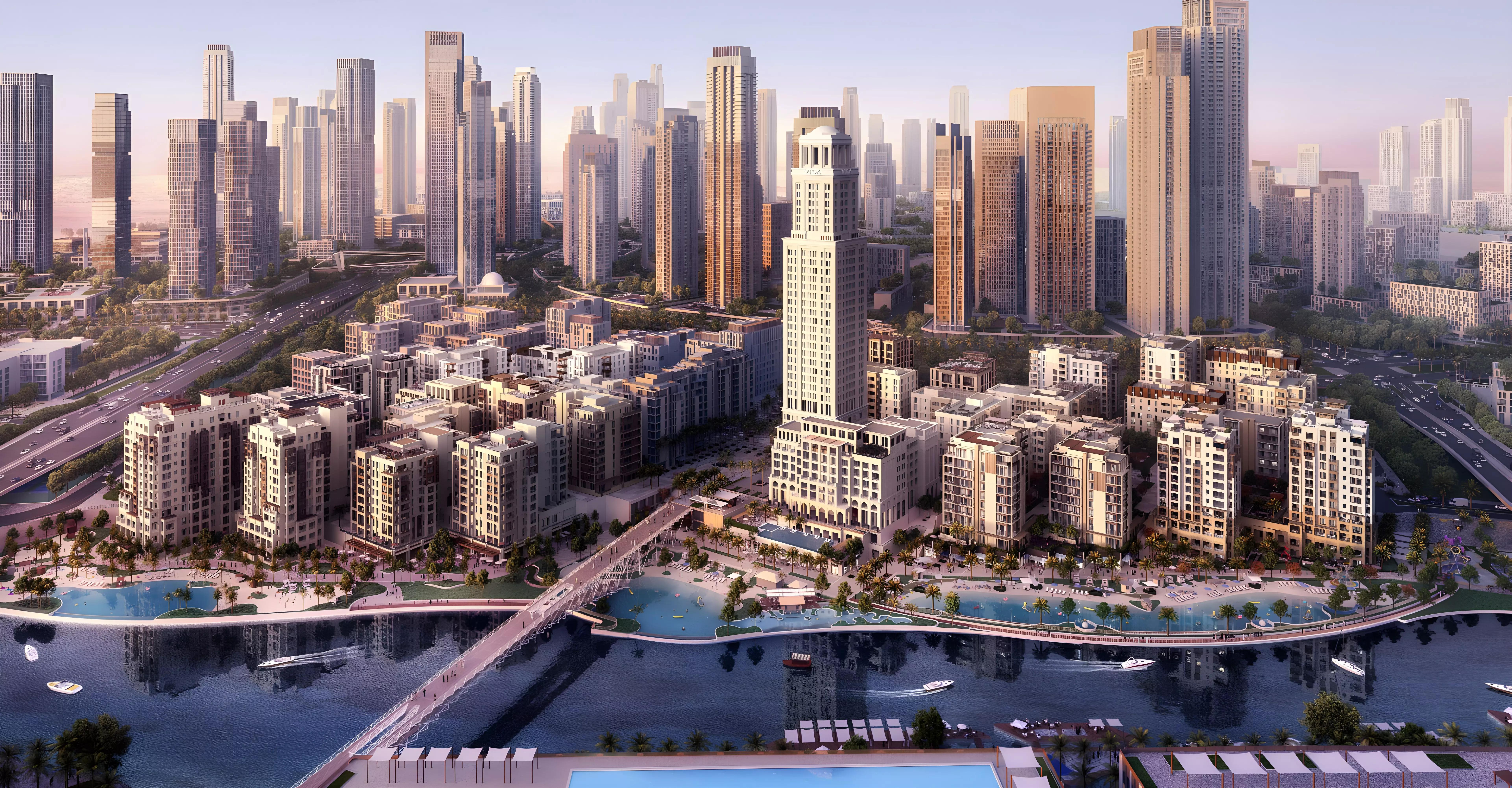 Savanna at Creek Beach exterior facade with waterfront skyline, Dubai Creek Harbour