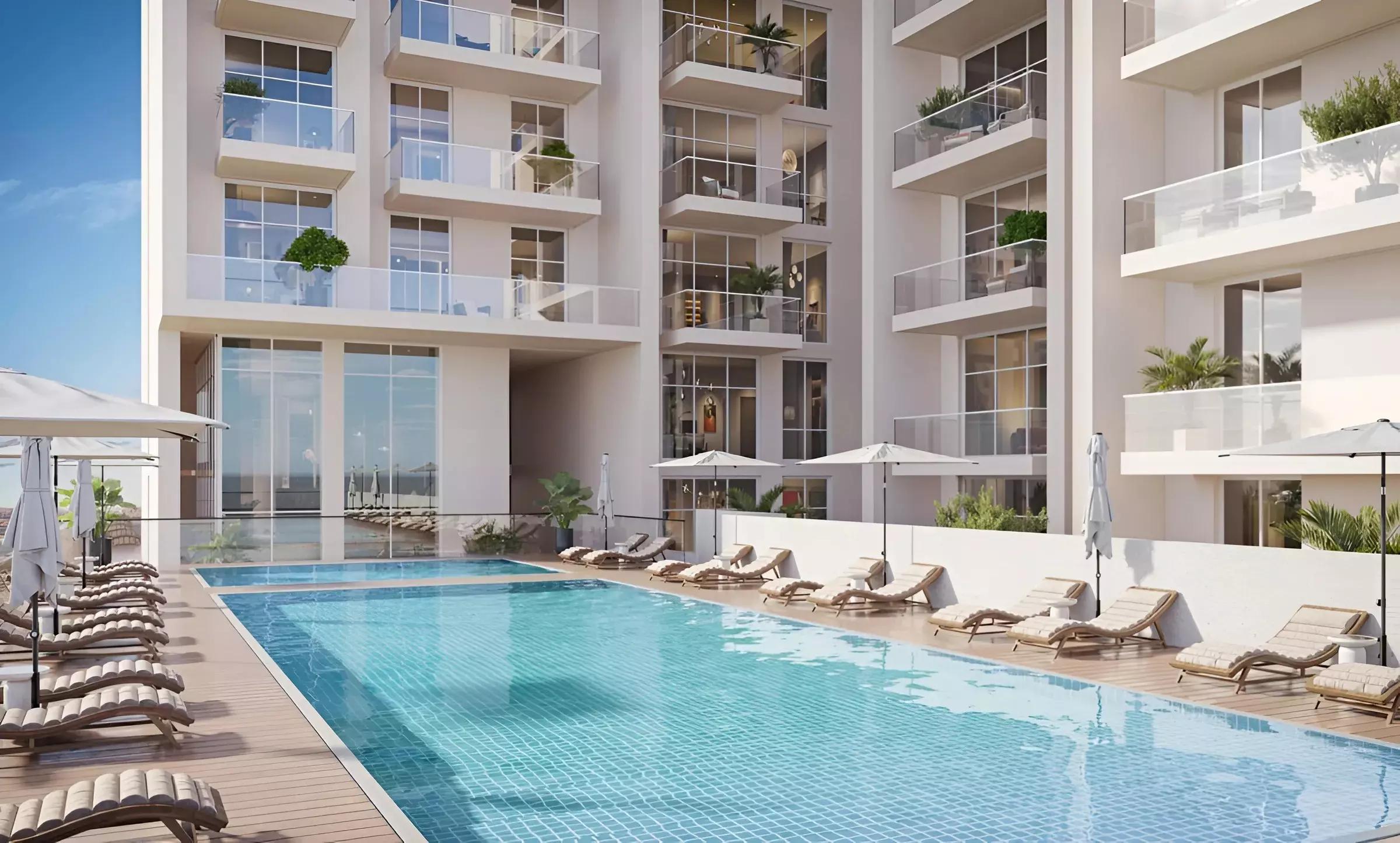 Landscaped gardens and walkway at Avenue Residence 8, Al Furjan