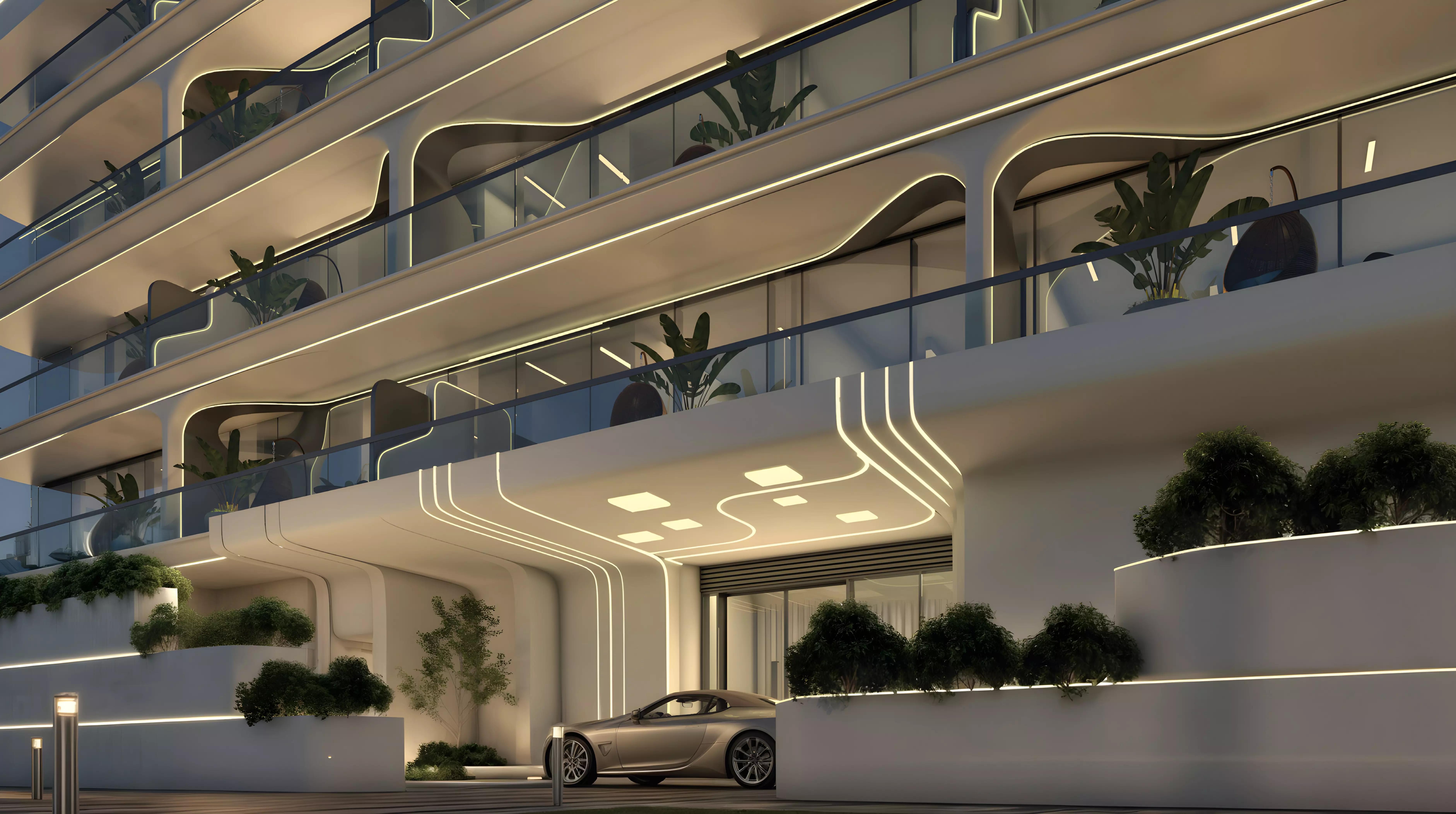 Divine Elements building entrance and landscaping, Dubai South