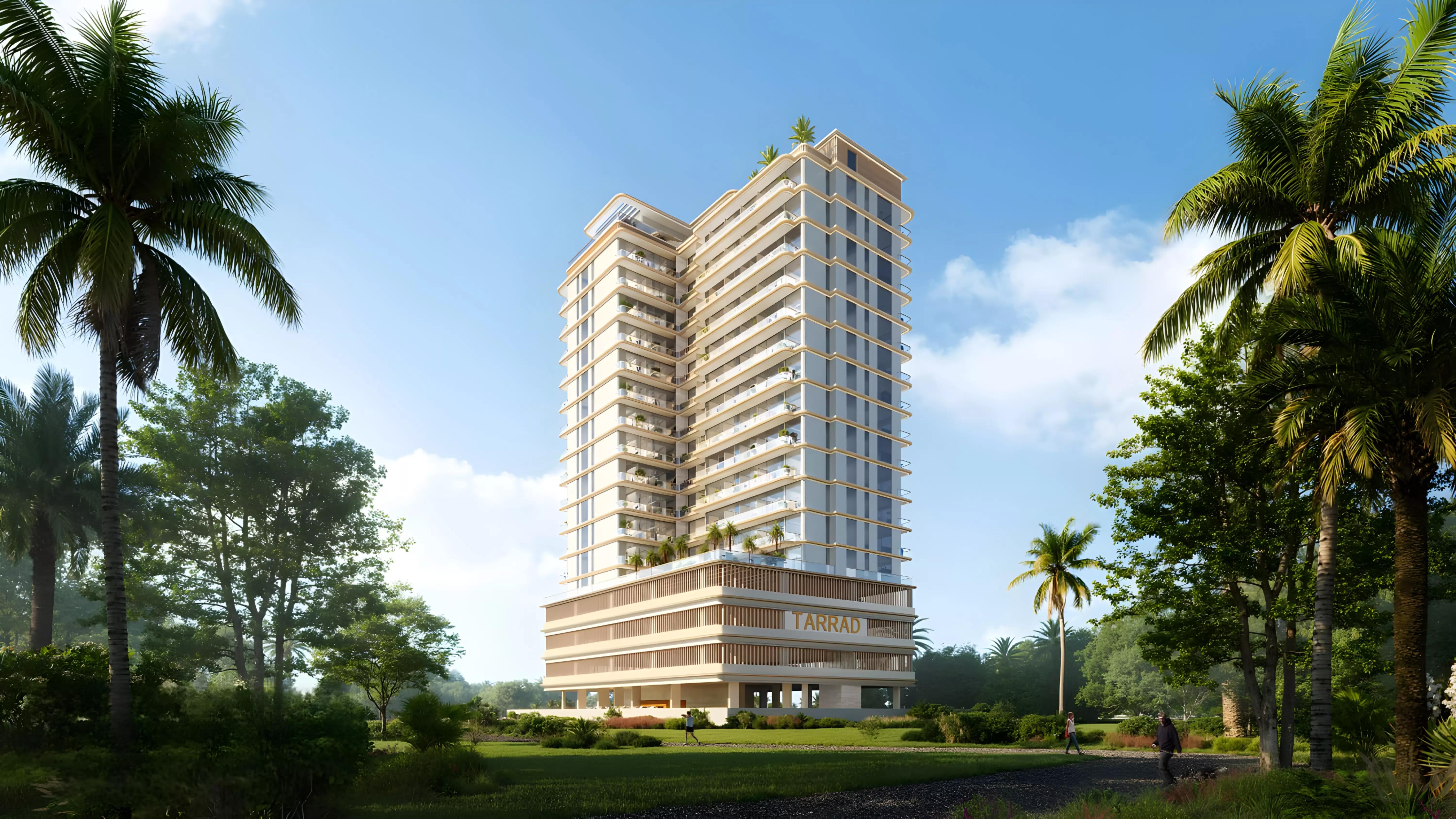 Celesto Tower landscaped garden and communal space, Dubai Land Residence Complex, Dubai
