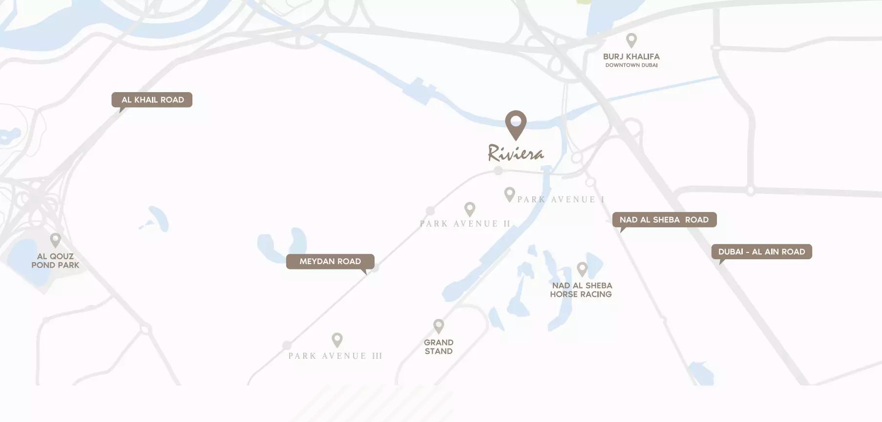 Azizi Riviera master plan layout showing Riviera cluster, Meydan One, Dubai