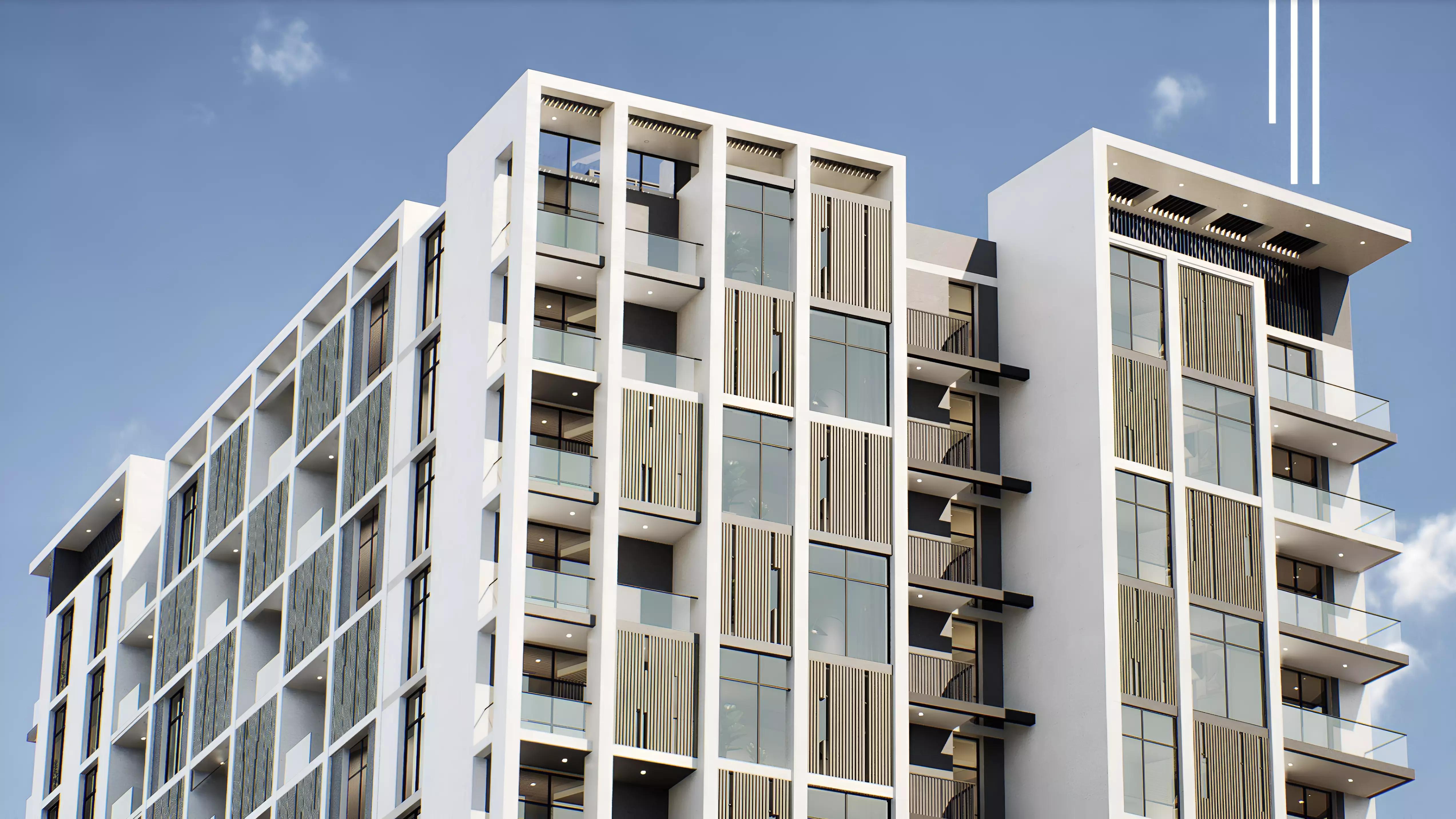 Aria Heights building facade and entrance, JVC, Dubai