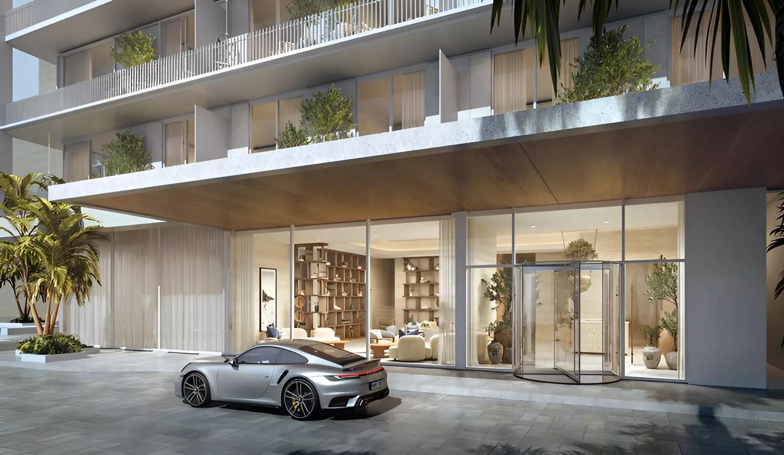 Saria residential tower exterior with waterfront view, Dubai Maritime City