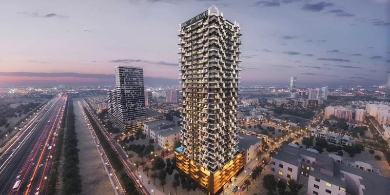 Binghatti Heights tower exterior facade, Jumeirah Village Circle, Dubai