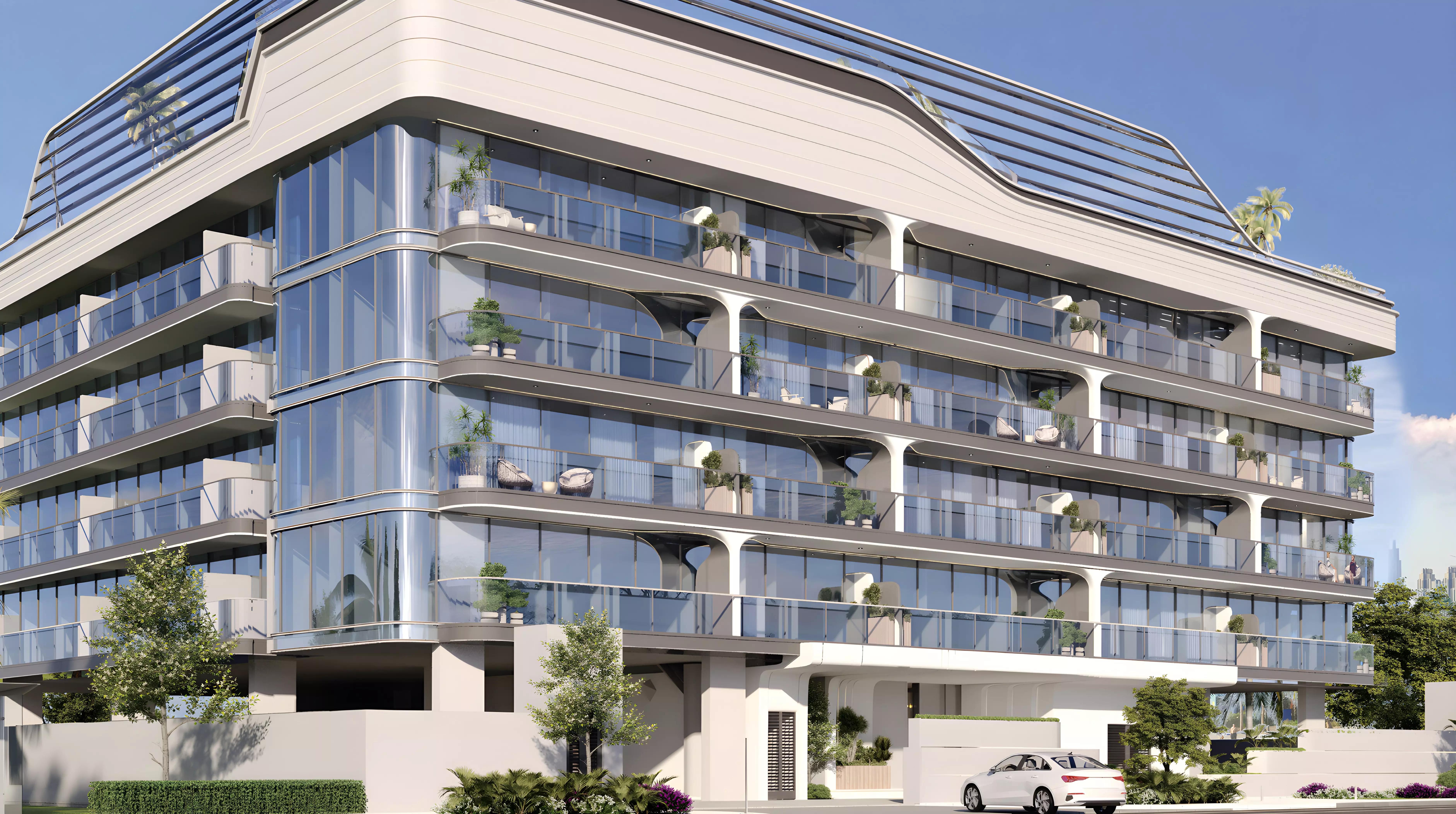 Divine Elements apartment tower street-level view, Dubai South