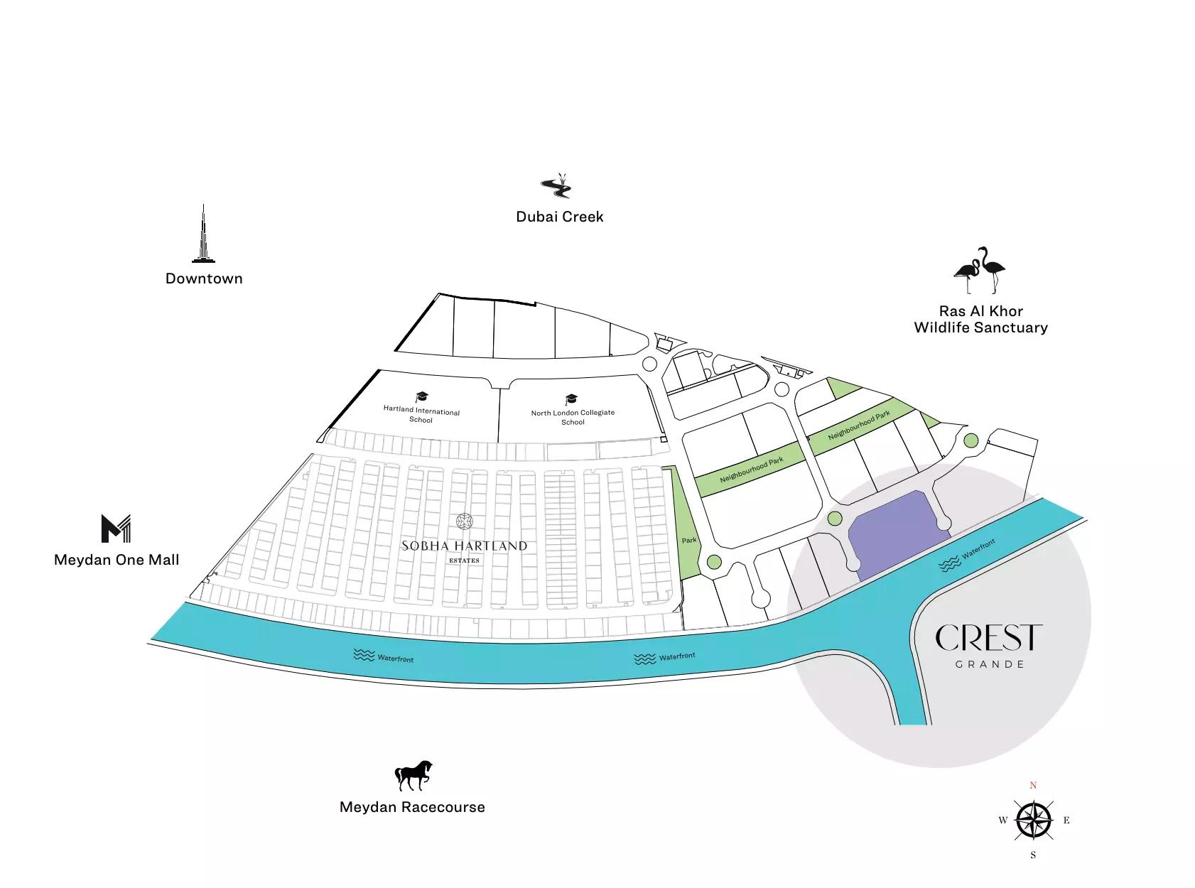 Crest Grande masterplan layout, Sobha Hartland, MBR City