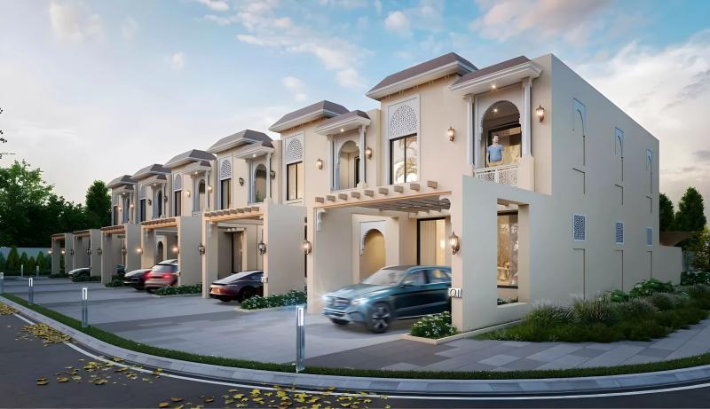 Exterior view of Purvanchal Townhouse freehold community in Al Furjan, Dubai