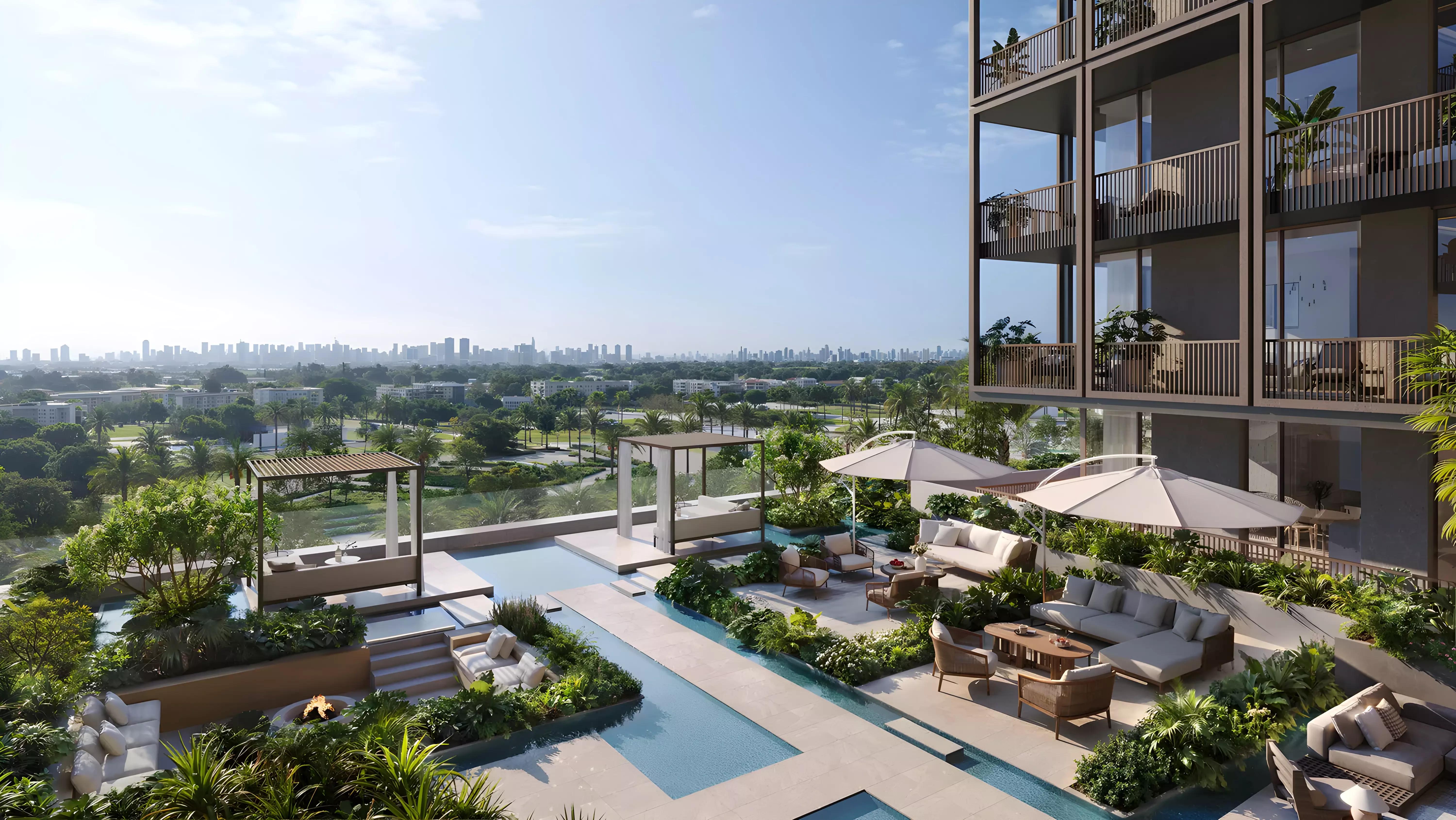 The Archive building entrance and landscaping, Dubai Land Residence Complex, Dubai