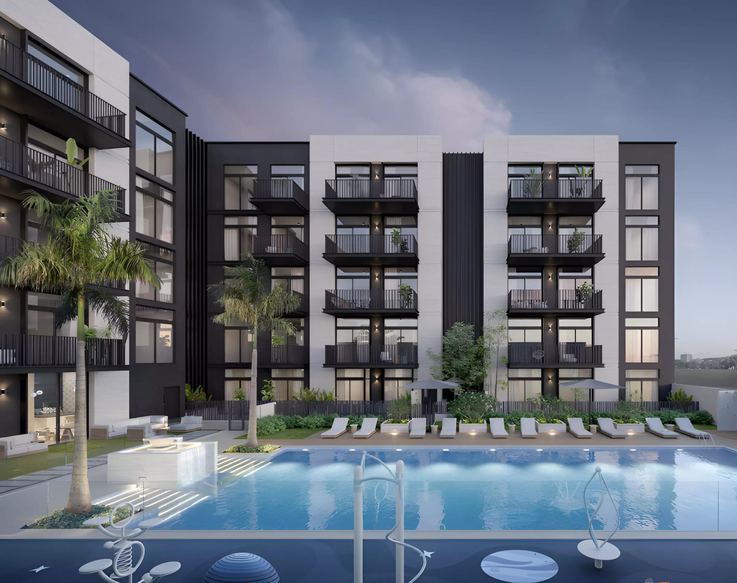 Belmont Residences amenity deck and shared pool, Jumeirah Village Triangle