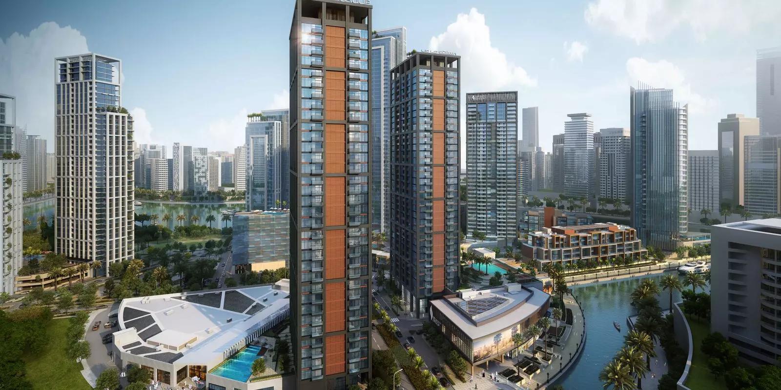 Peninsula One apartment living room interior with waterfront view, Business Bay