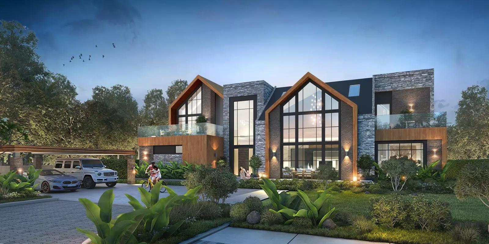 Landscaped garden and facade at The Farmhouses, Damac Hills