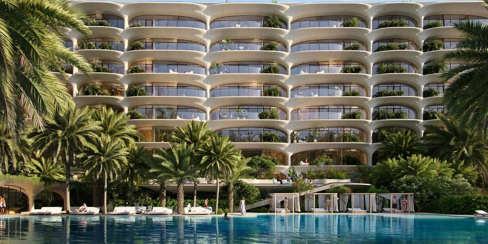 Ellington Ocean House building entrance and landscaping, Palm Jumeirah, Dubai