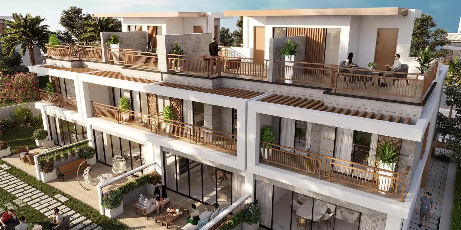 Eterno Prestige Villas townhouse row at dusk, Damac Hills 2