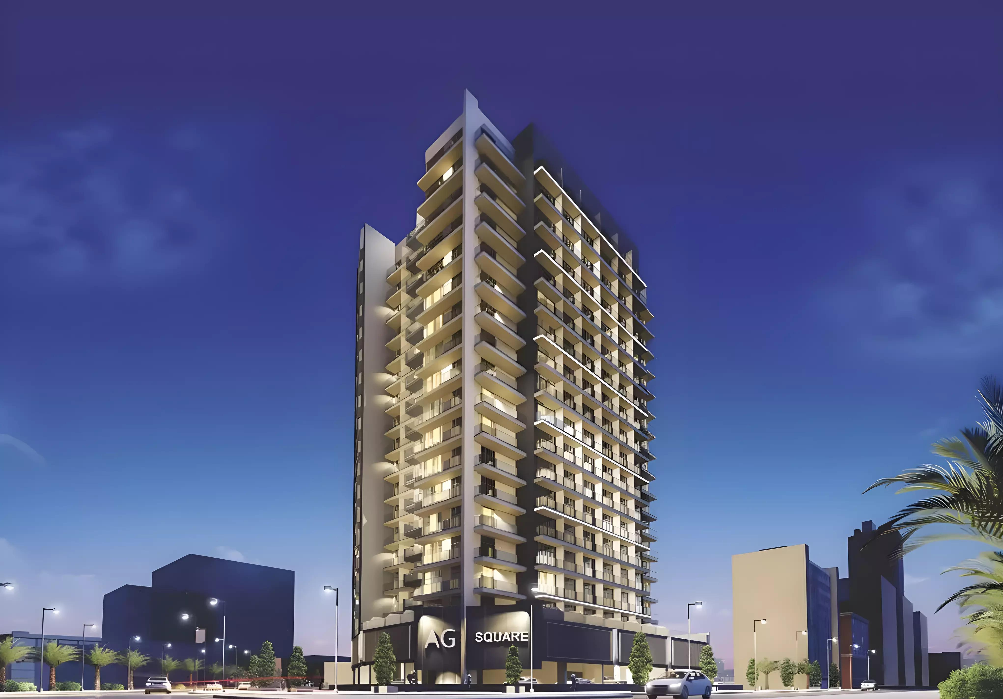 AG Square apartment building facade and entrance, DLRC, Dubai