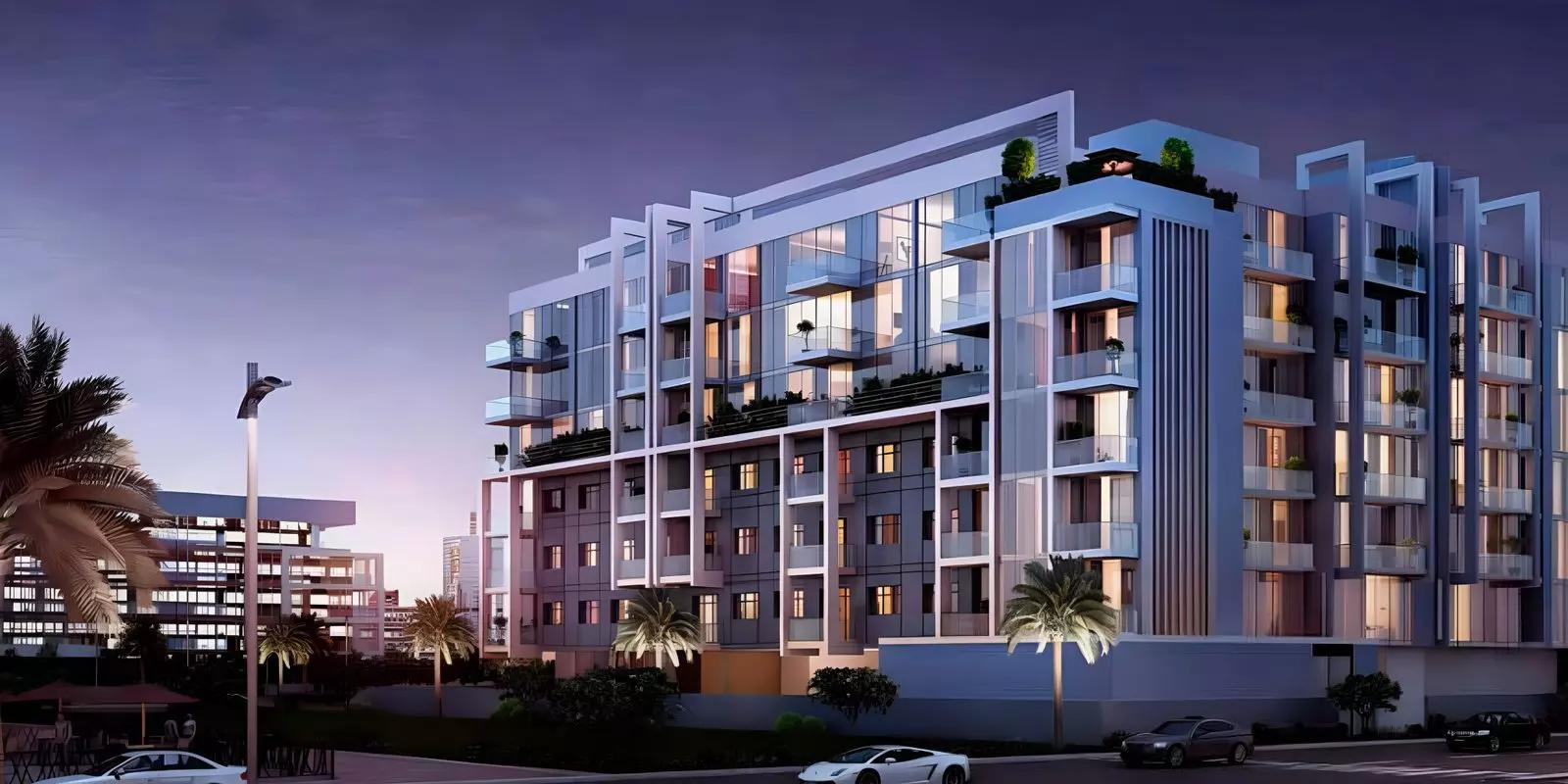 Azizi Greenfield apartment building exterior on Meydan Avenue, Meydan, Dubai