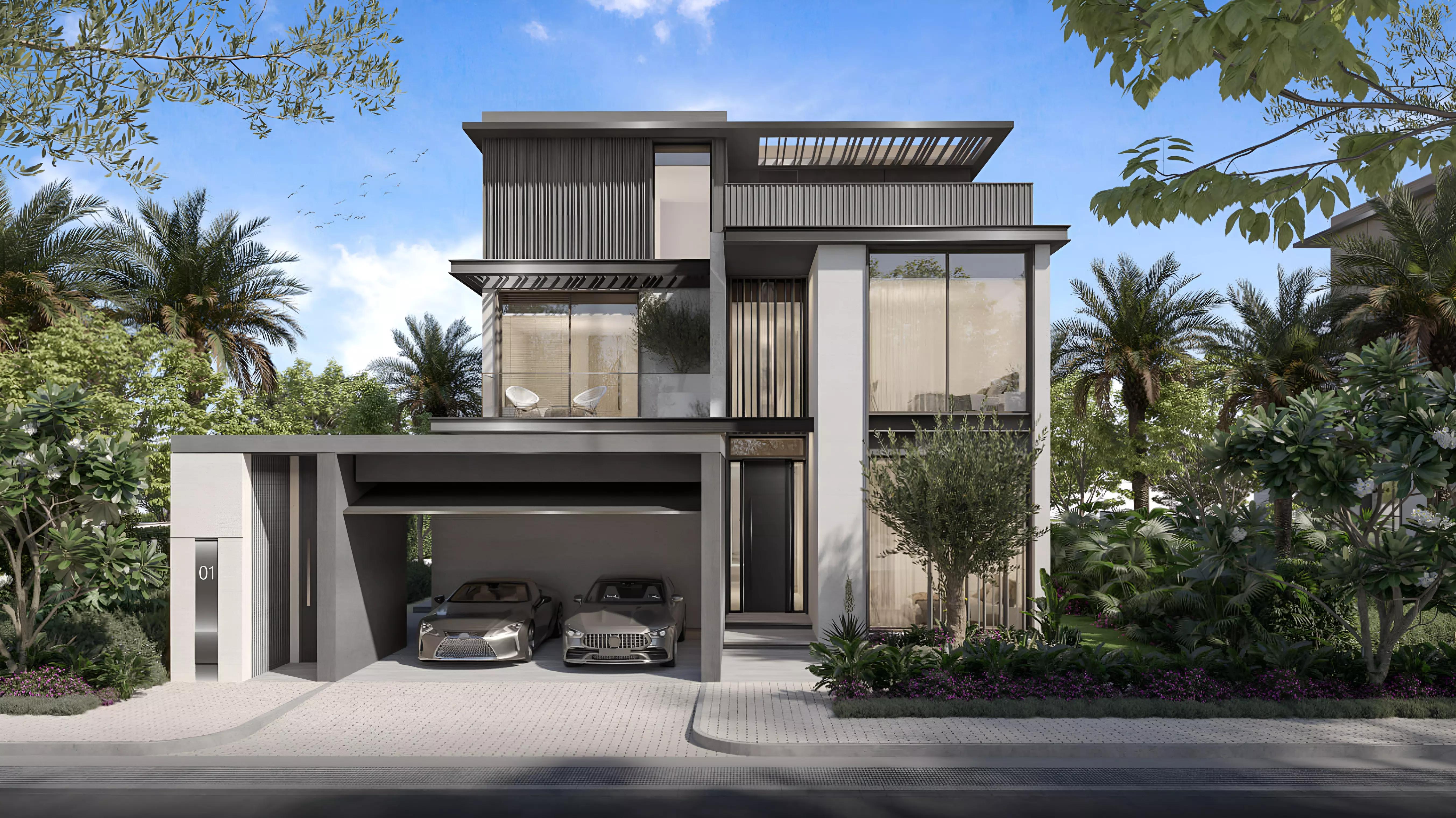 Villa facade and driveway at Nad Al Sheba Gardens Phase 8