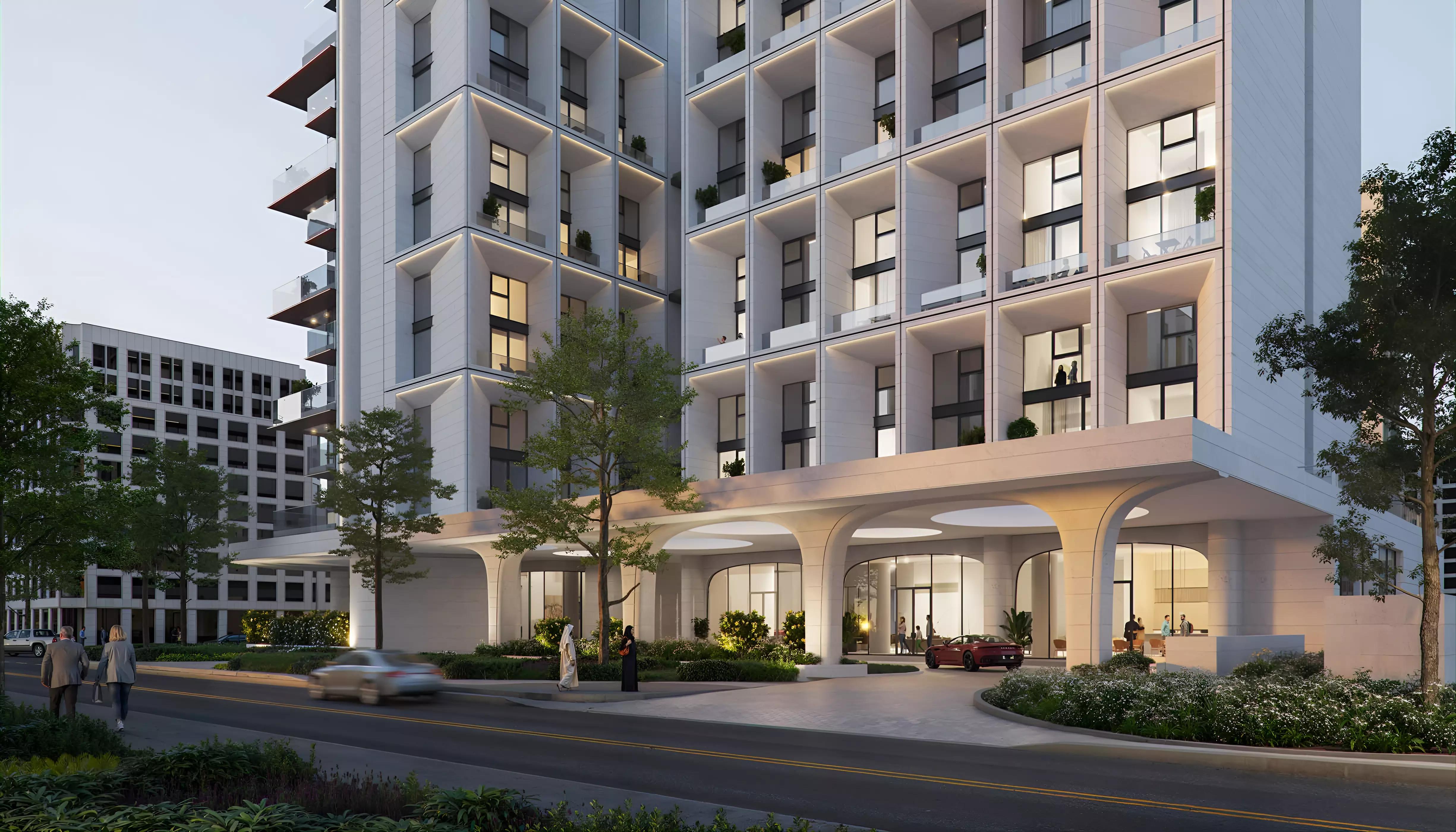 Living room interior in a KORO One apartment with modern finishes, Al Satwa, Dubai