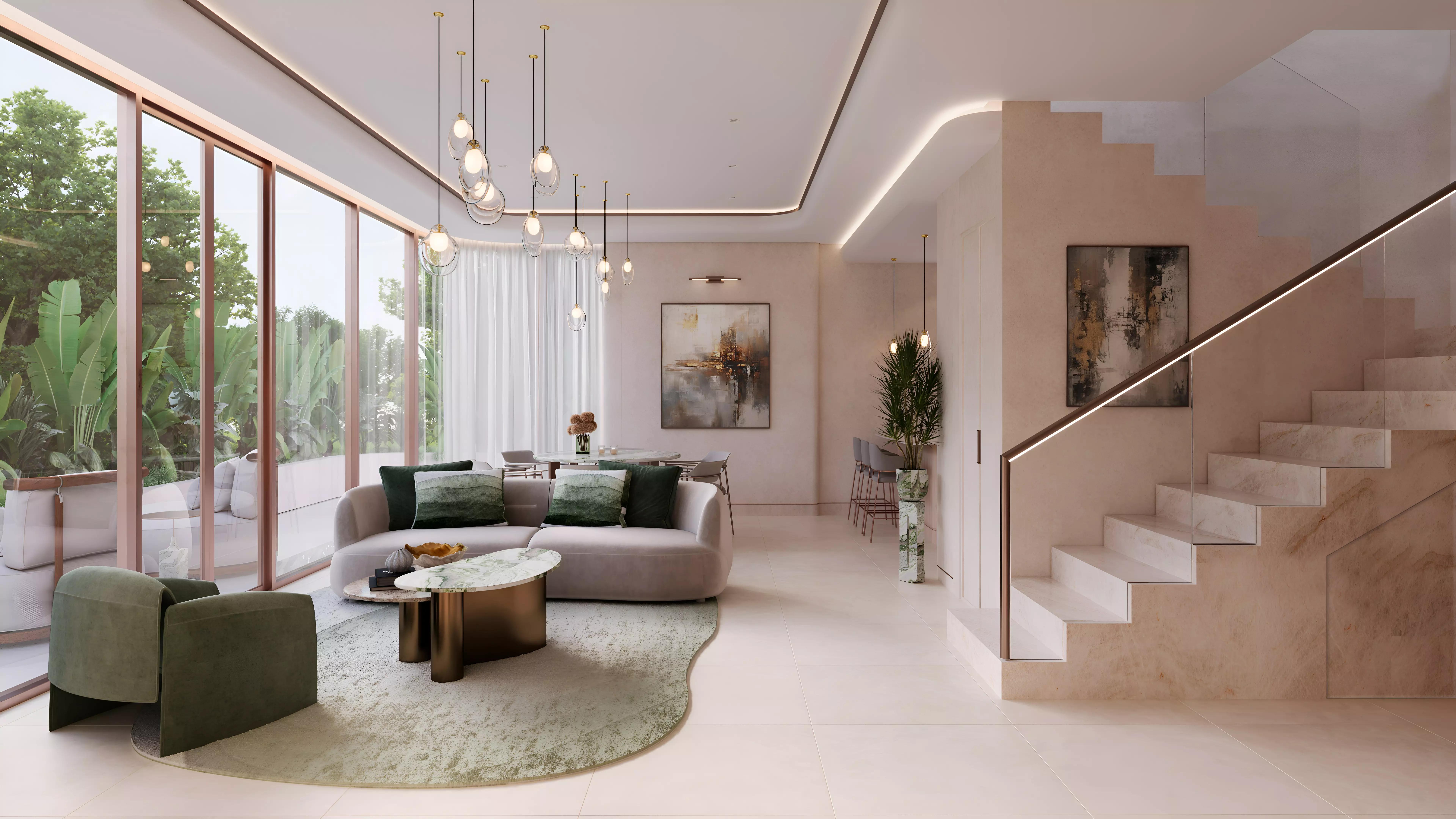 Flow Residences landscaped garden and pool area, Dubai Islands
