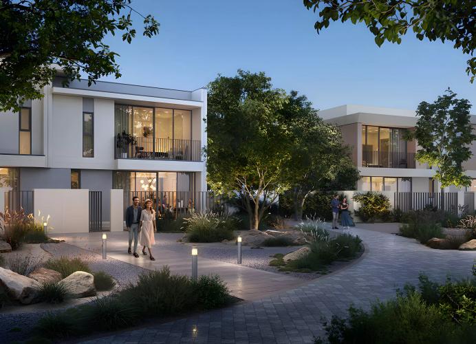 Vindera townhouse exterior with landscaped garden frontage, The Valley, Dubai