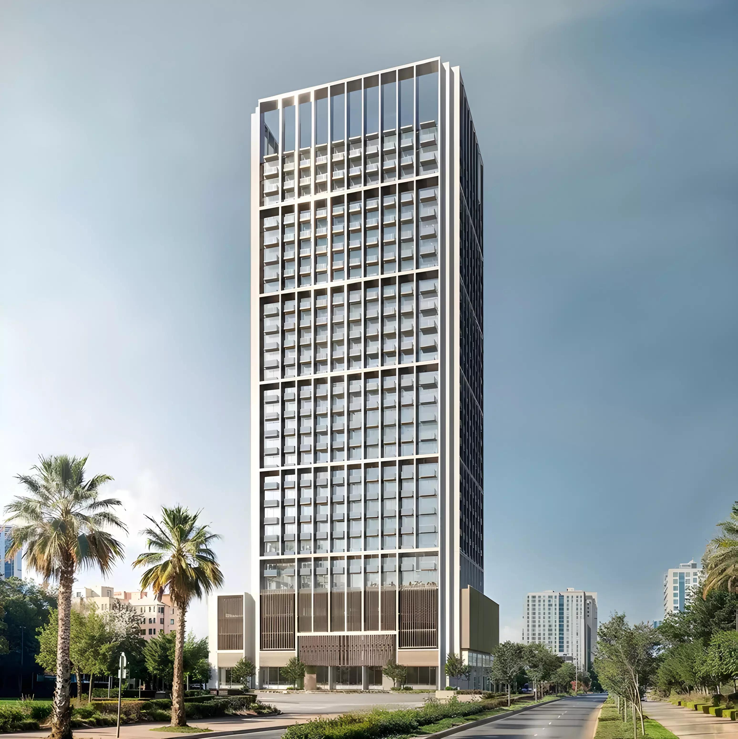 Landscaped gardens and walkway at Binghatti Luxuria, JVT, Dubai