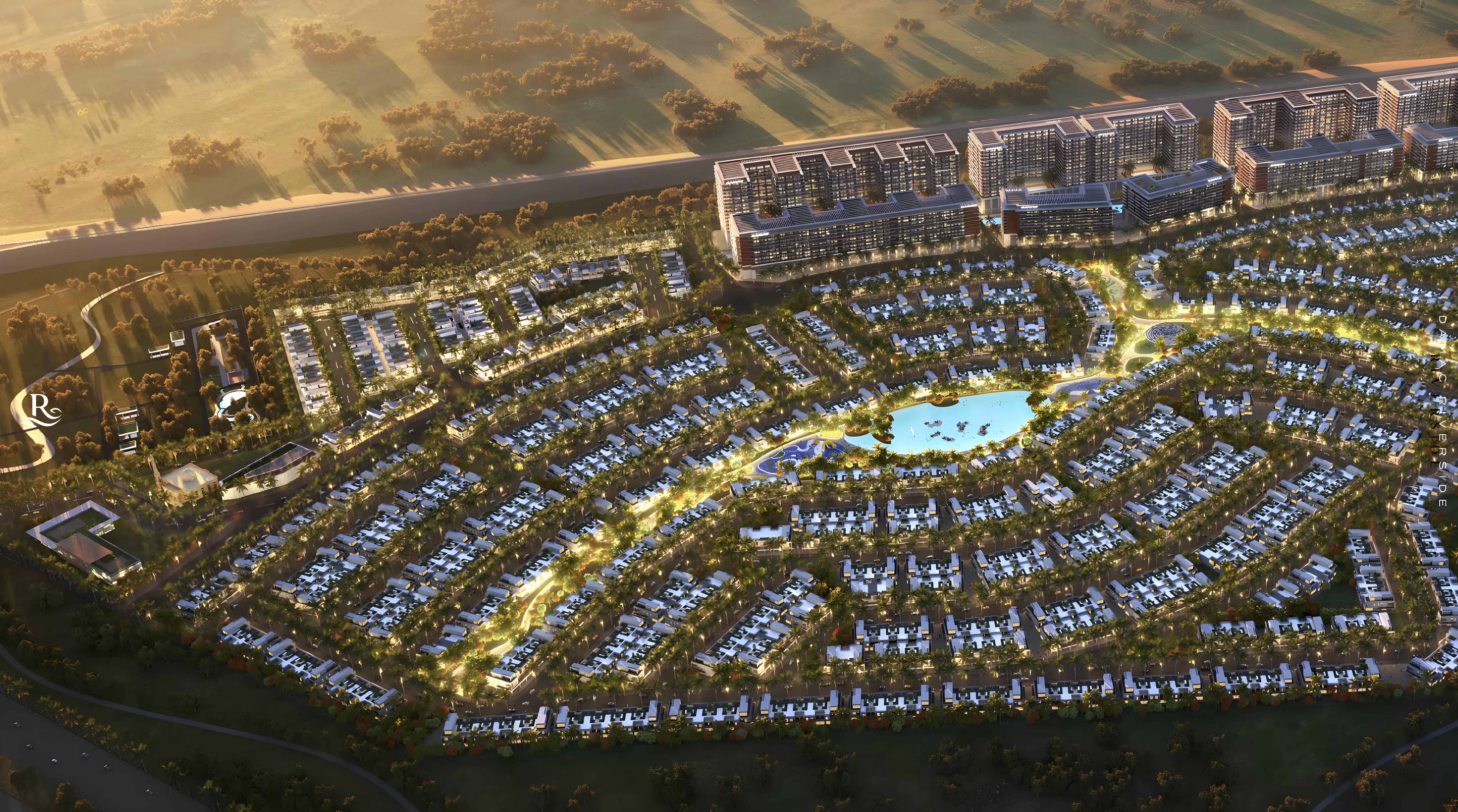 Landscaped garden and walkway within Riverside Views community, Dubai