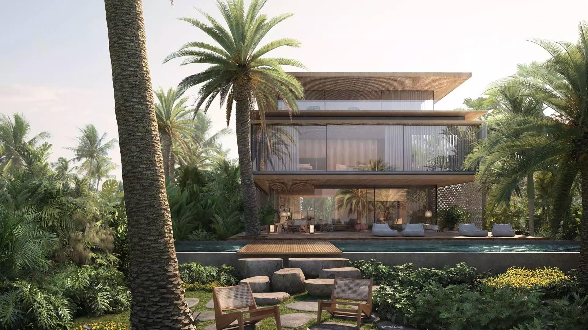Sea Mirror villa exterior with pool on Jumeirah Bay Island, Dubai