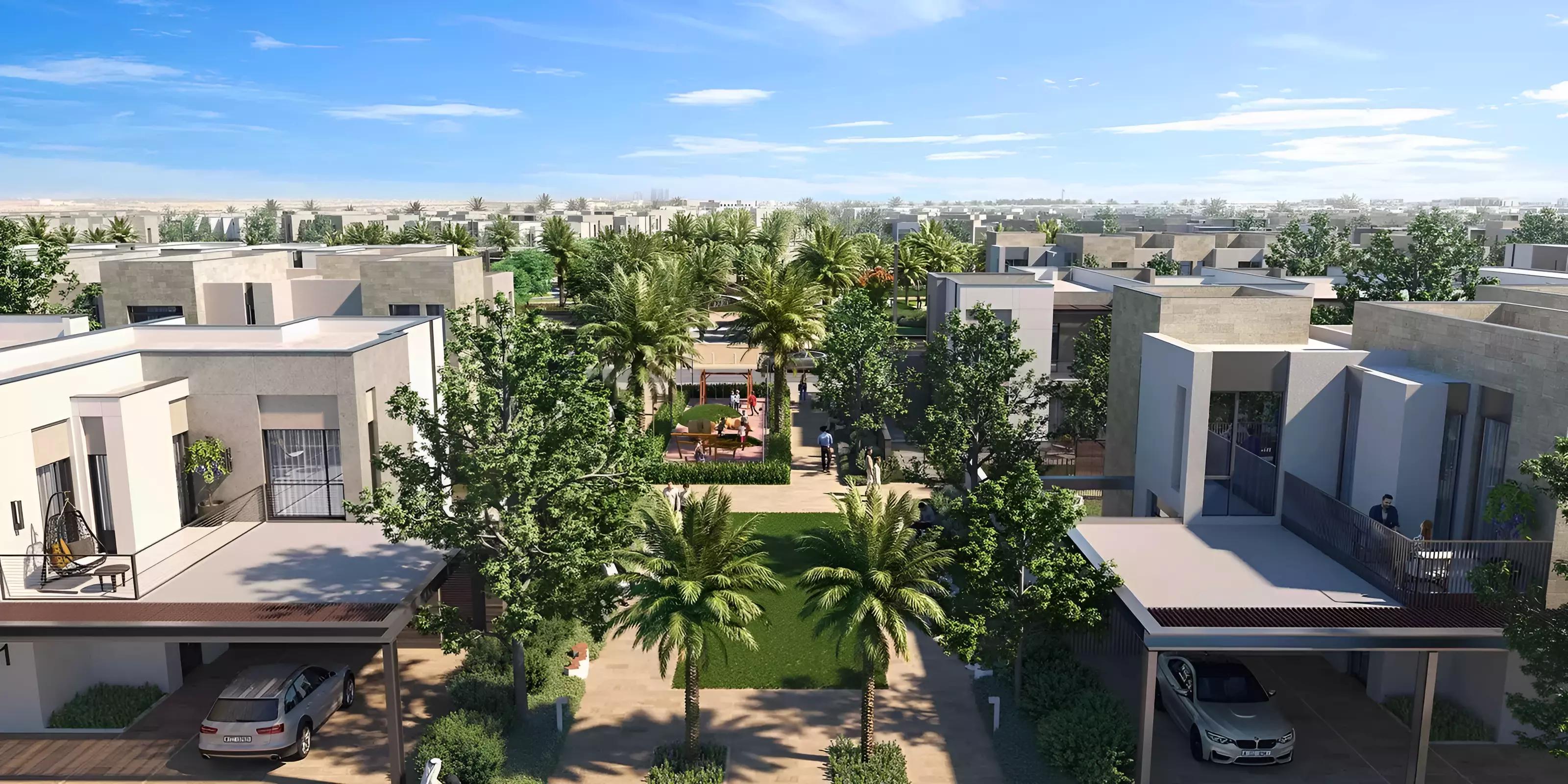 Sun townhouse exterior with landscaped front garden, Arabian Ranches 3, Dubai