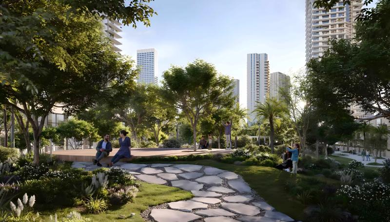 Albero exterior facade with landscaped entrance, Dubai Creek Harbour, Dubai
