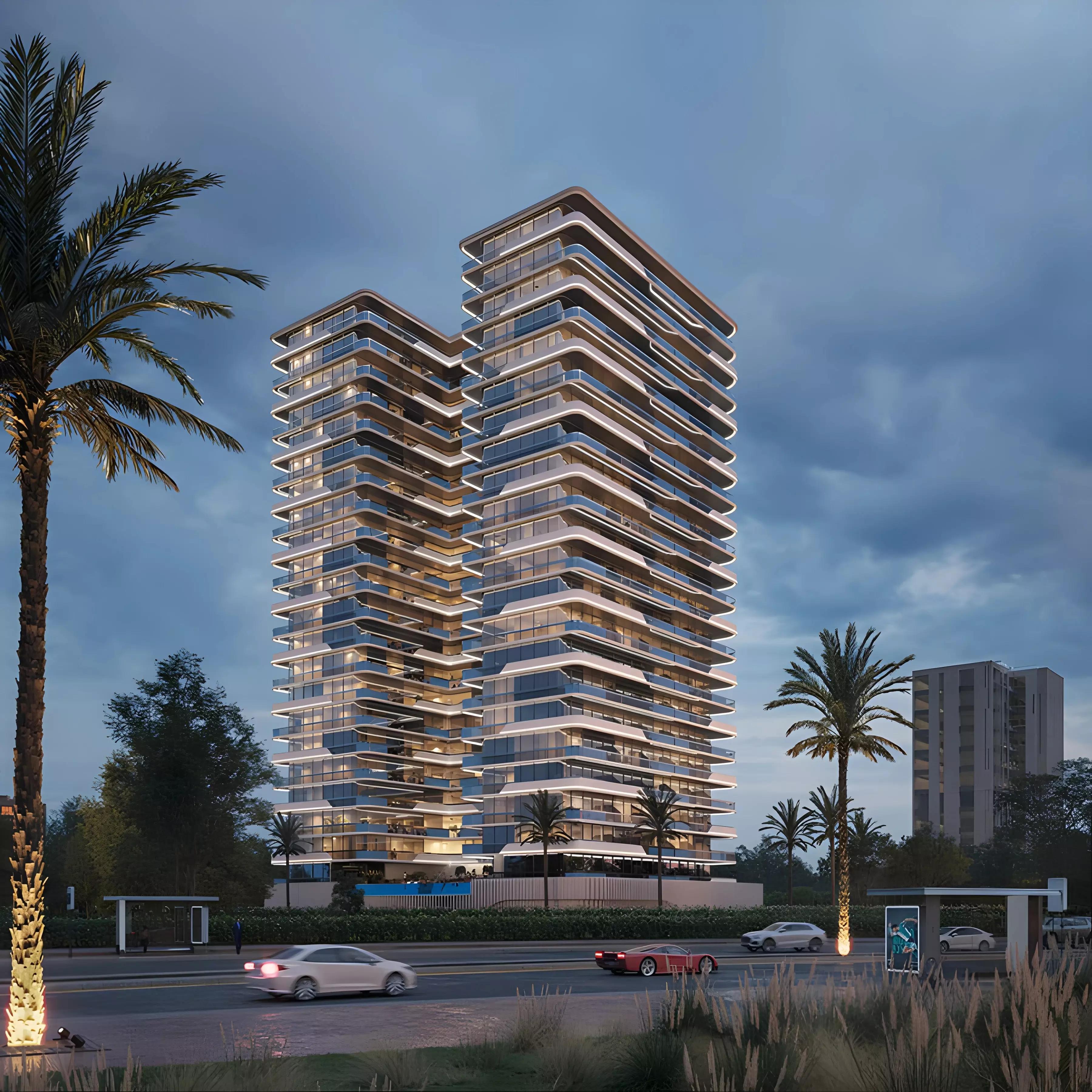 Samana Parkville landscaped garden area, Dubai Land Residence Complex, Dubai