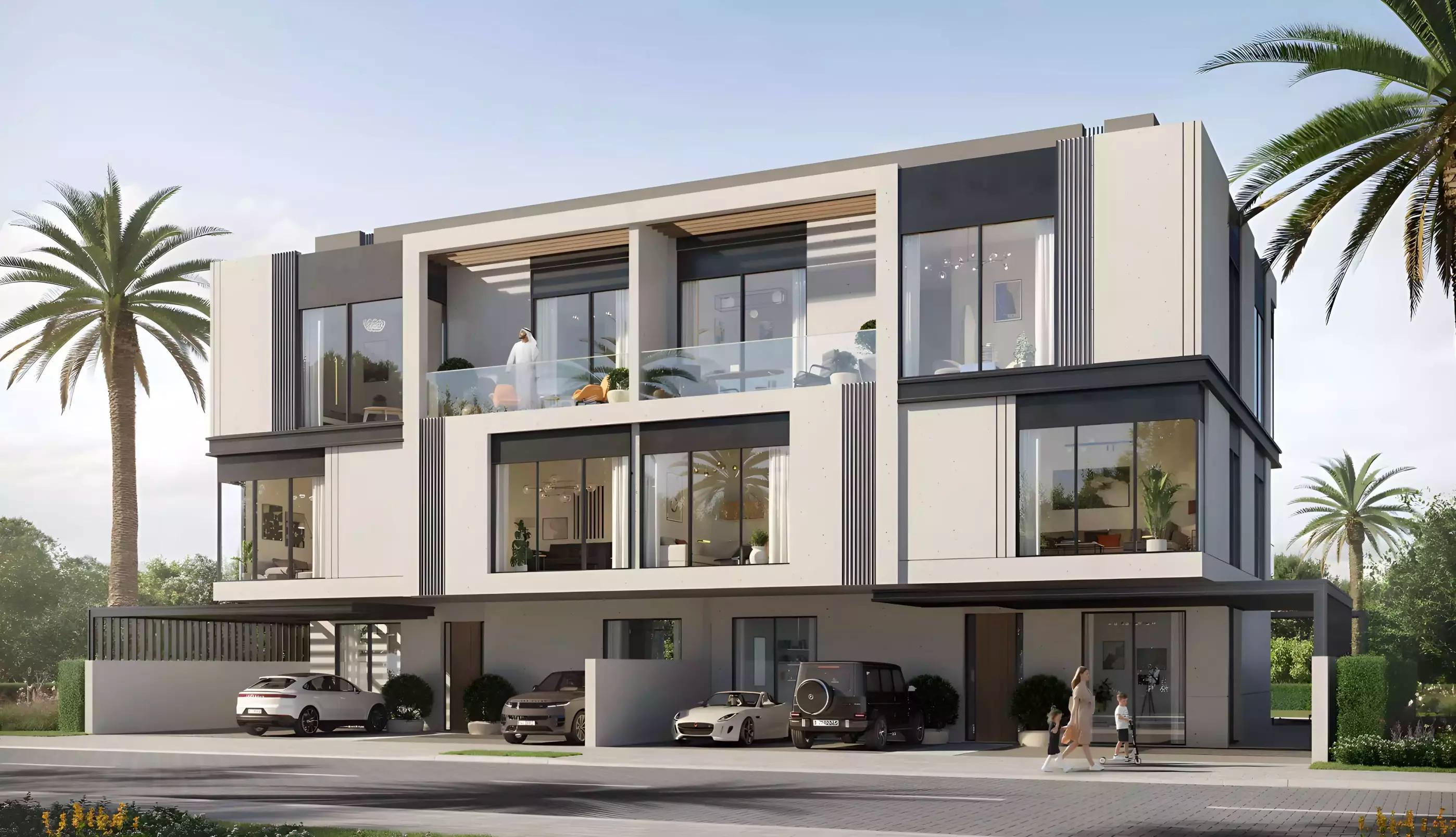 Exterior view of a Terra Golf Collection villa with landscaped frontage, Jumeirah Golf Estates, Dubai