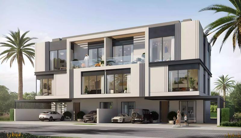 Exterior view of a Terra Golf Collection villa with landscaped frontage, Jumeirah Golf Estates, Dubai