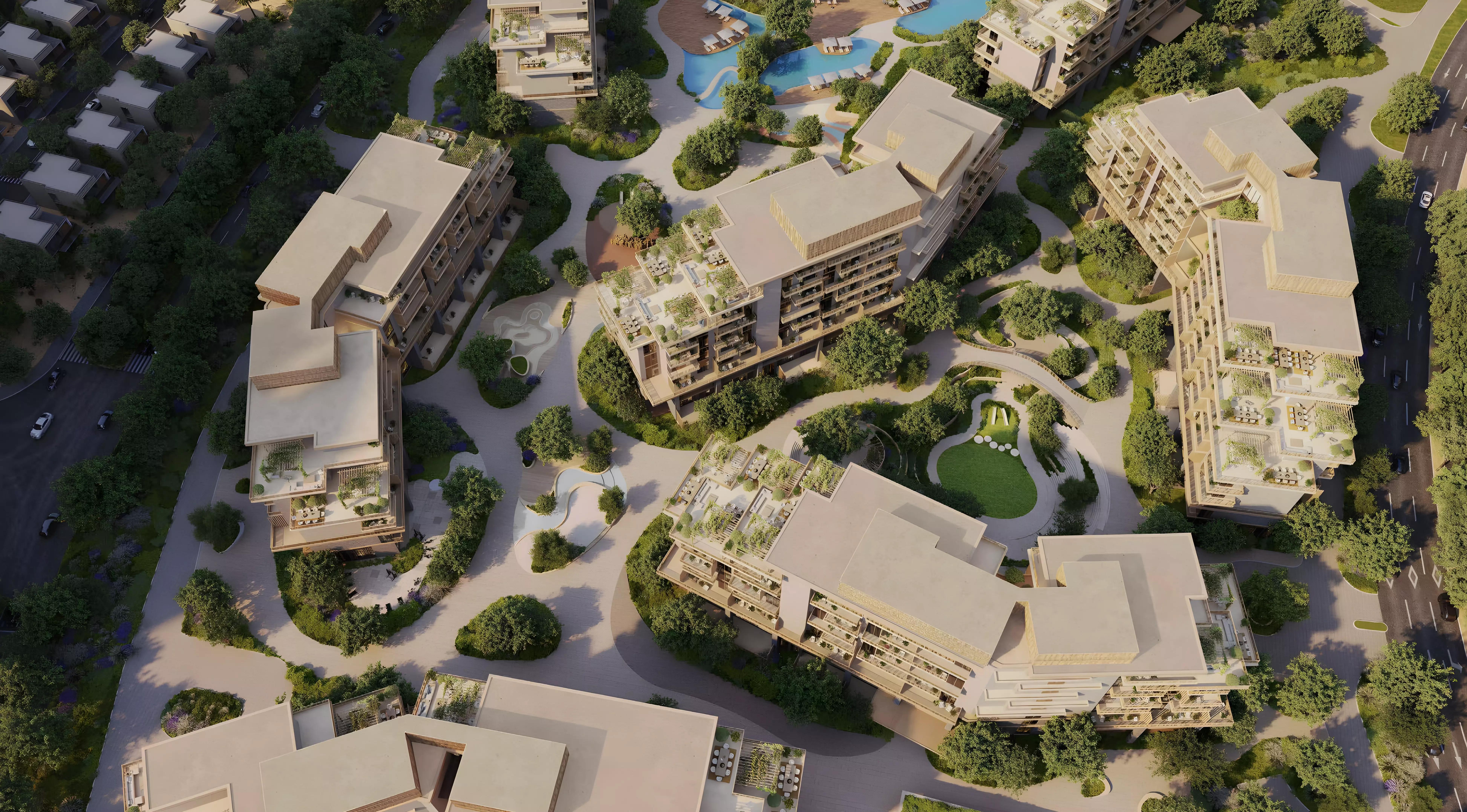 Arancia Yards 2 residential tower exterior in City of Arabia, Dubai