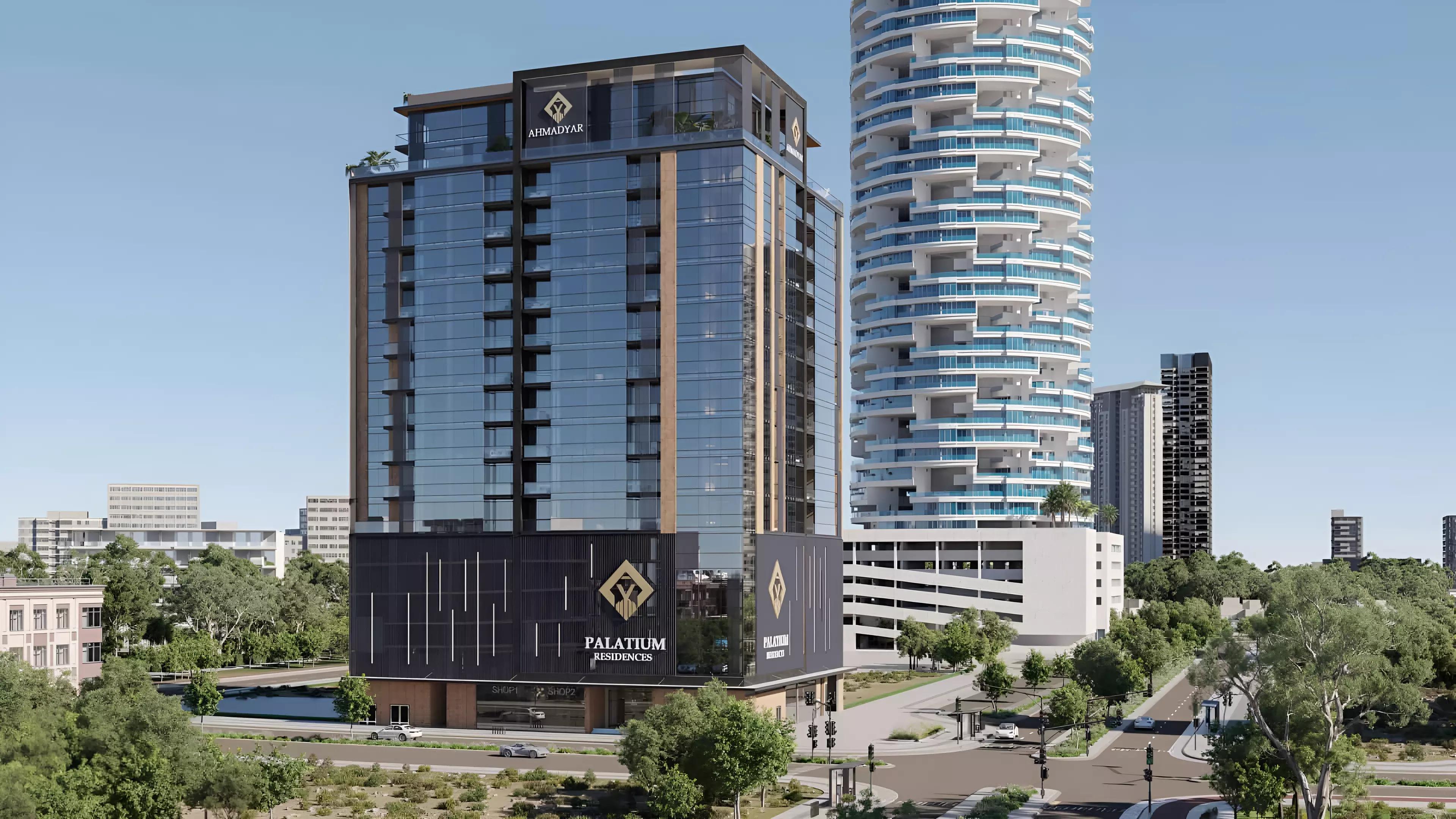 Exterior facade of Palatium Residences apartment building in Jumeirah Village Circle, Dubai