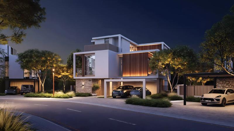 The Acres Phase 3 villa exterior with landscaped front garden, Dubai Land, Dubai