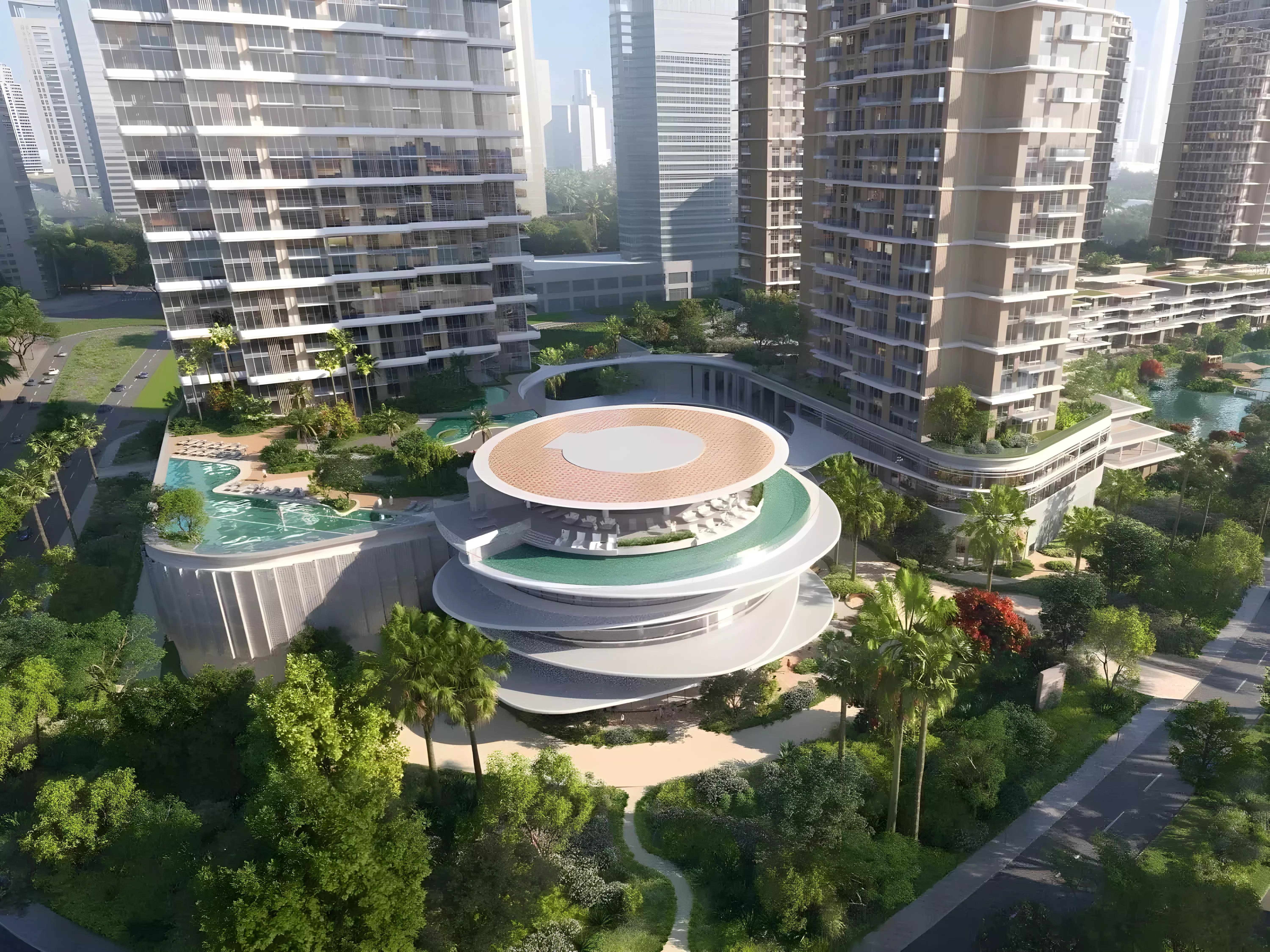 Serenia District East Residences building view from landscaped grounds, Jumeirah Islands